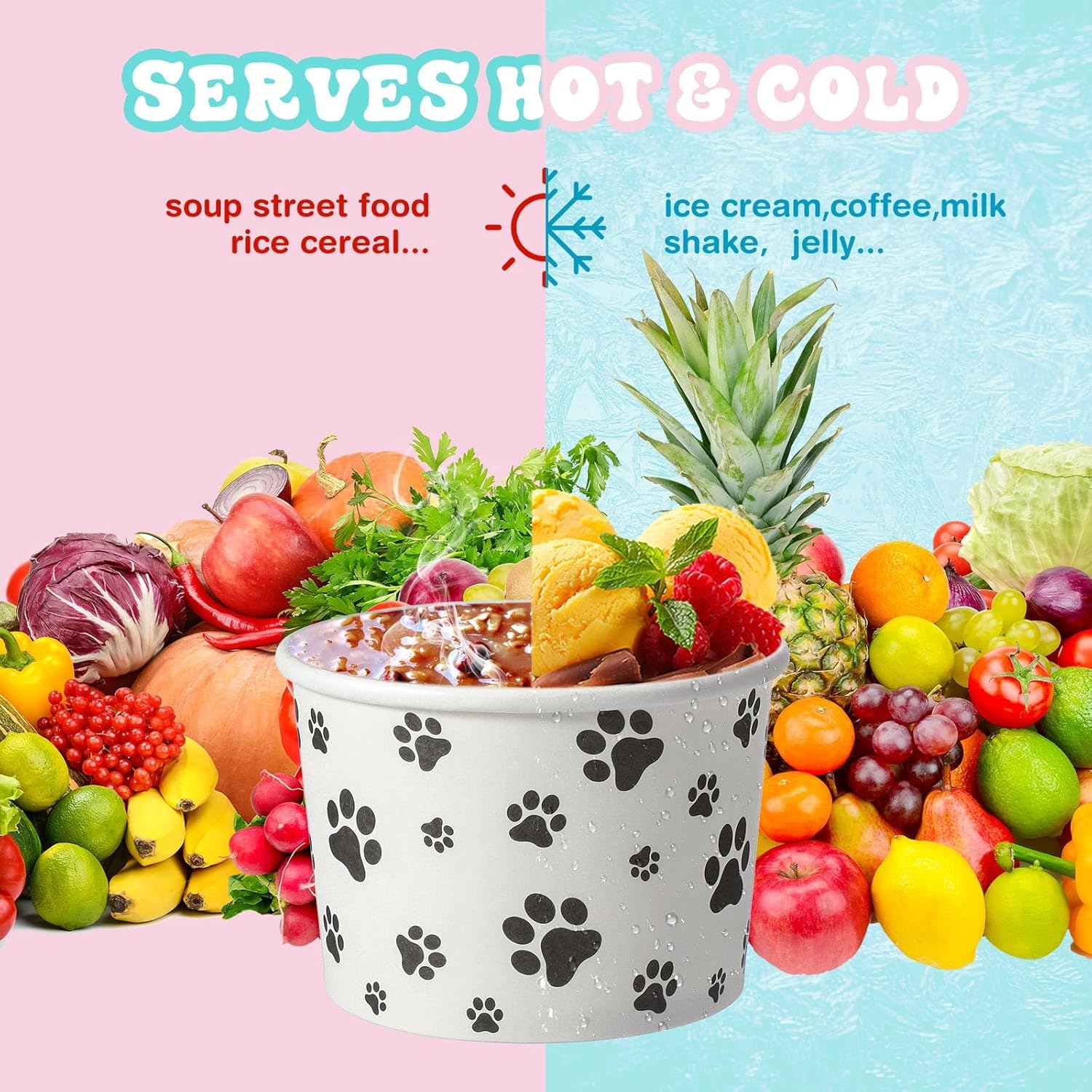 Patelai 50 Count 8 oz Paw Print Ice Cream Cups Disposable Dog Bowls