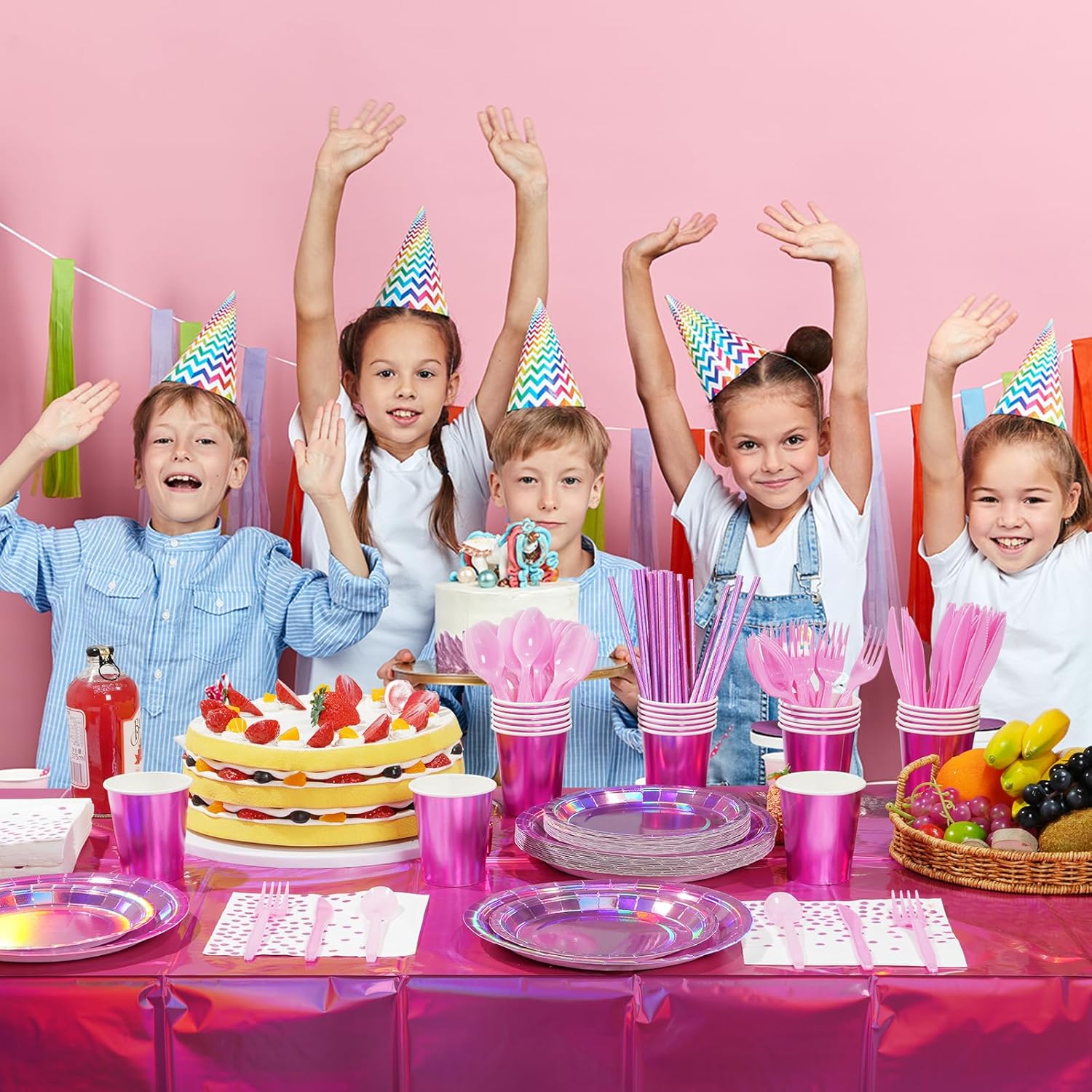 FunnyPars Iridescent Pink Party Plates Set for 25 Guests