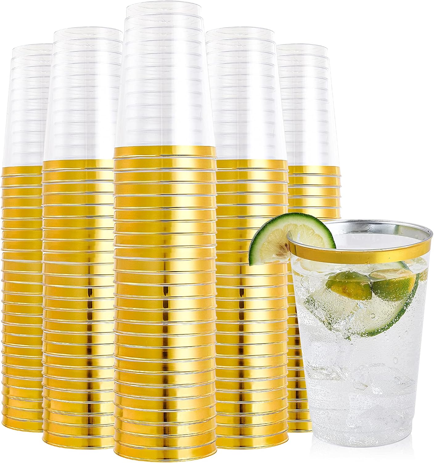 FOCUSLINE 200 Pack 12 oz Gold Rim Plastic Cups