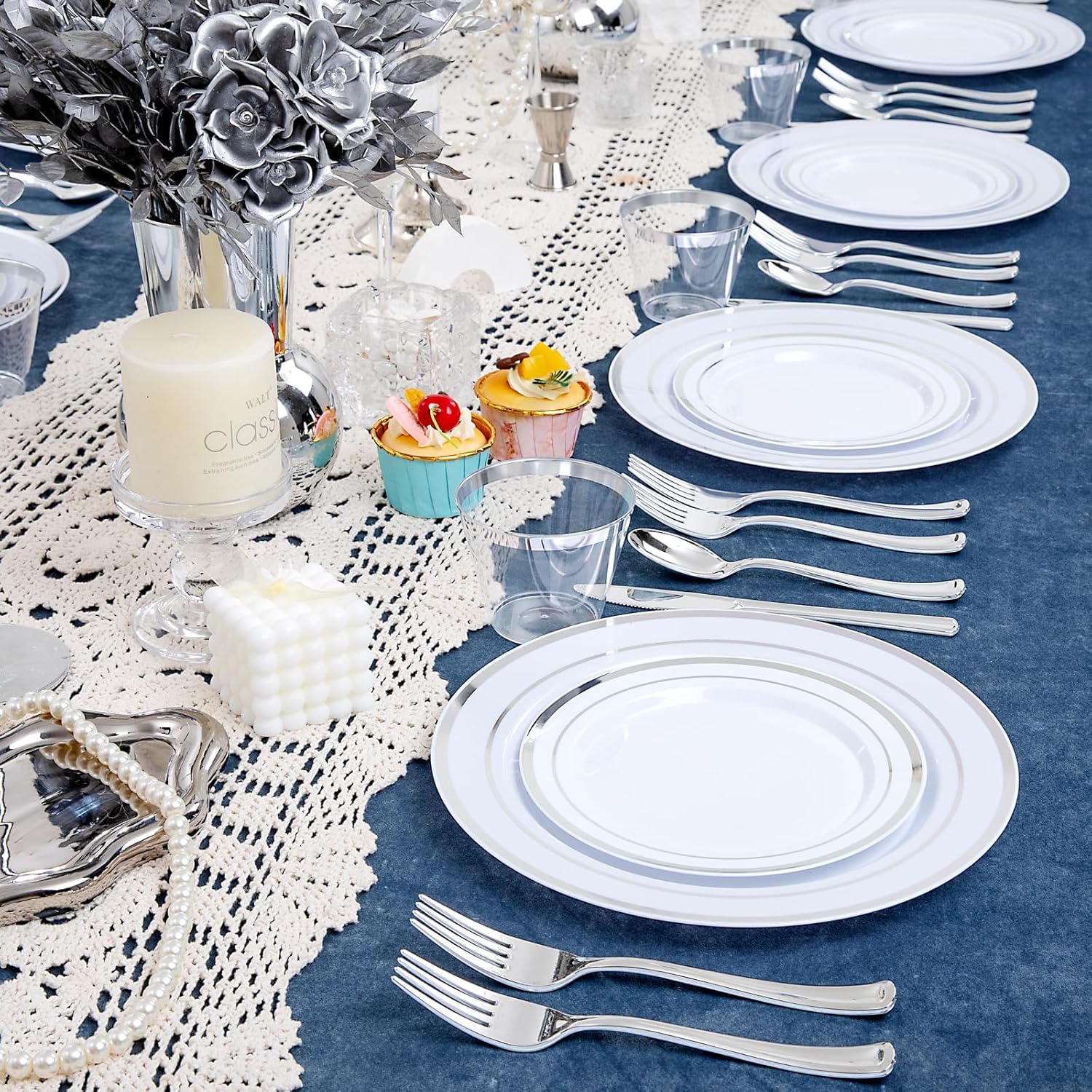 WELLIFE 600 PCS Silver Disposable Dinnerware Set for 100 Guests