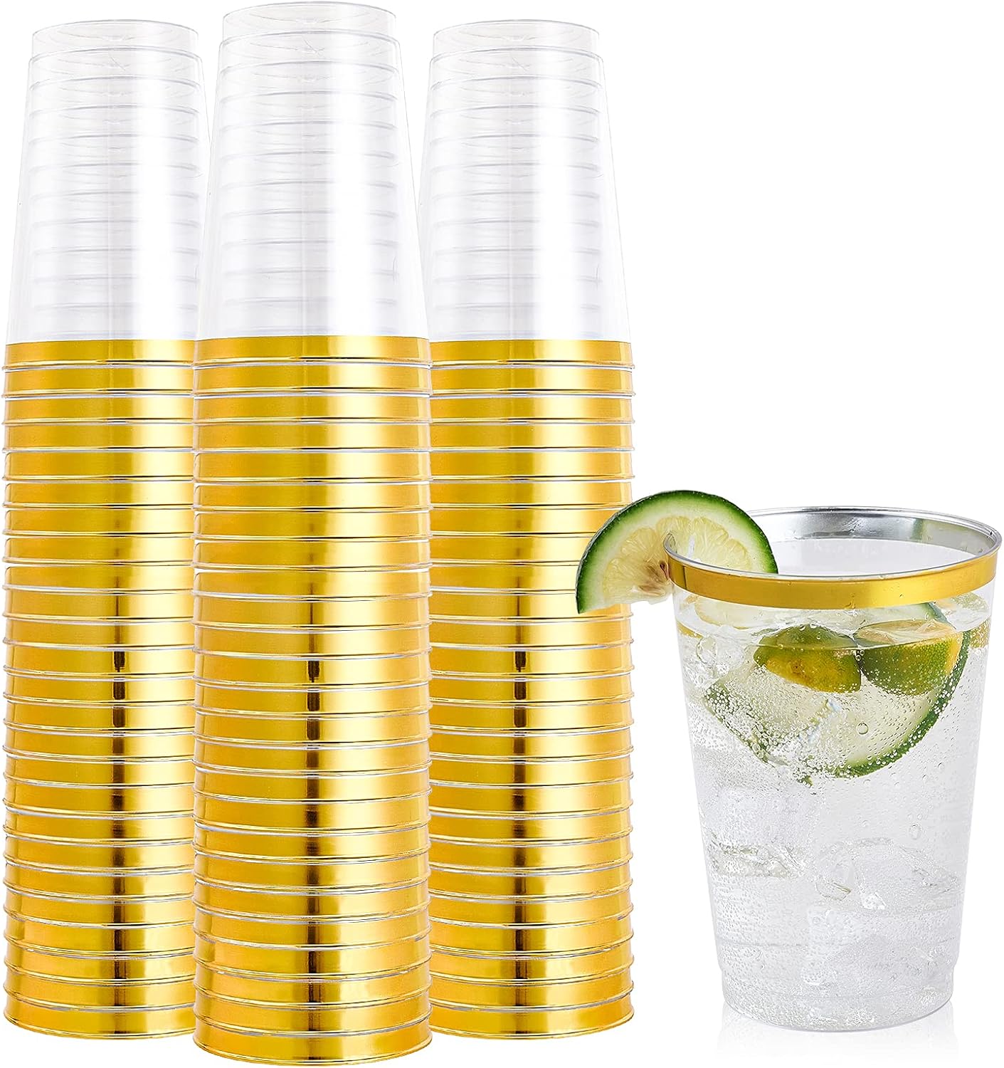 FOCUSLINE 100 Pack 12 Oz Gold Rimmed Plastic Cups for Wedding