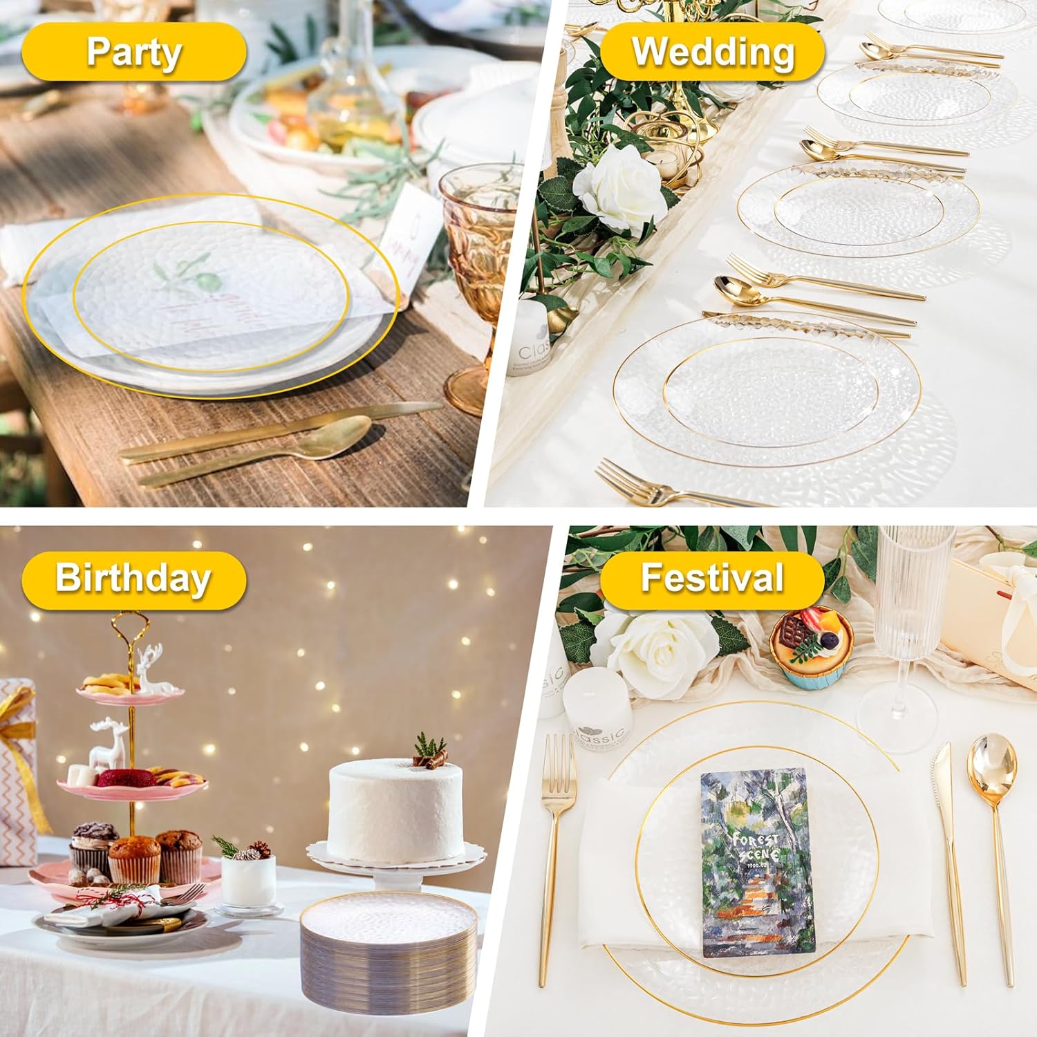 Rubtlamp 100 Pcs Clear Gold Plastic Plates 7 Inch