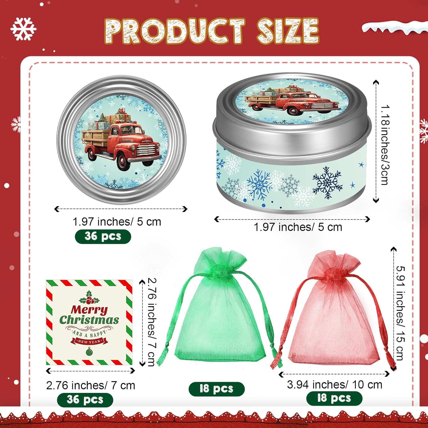MTLEE 36 Pack Christmas Soy Wax Candles with Organza Bags and Cards