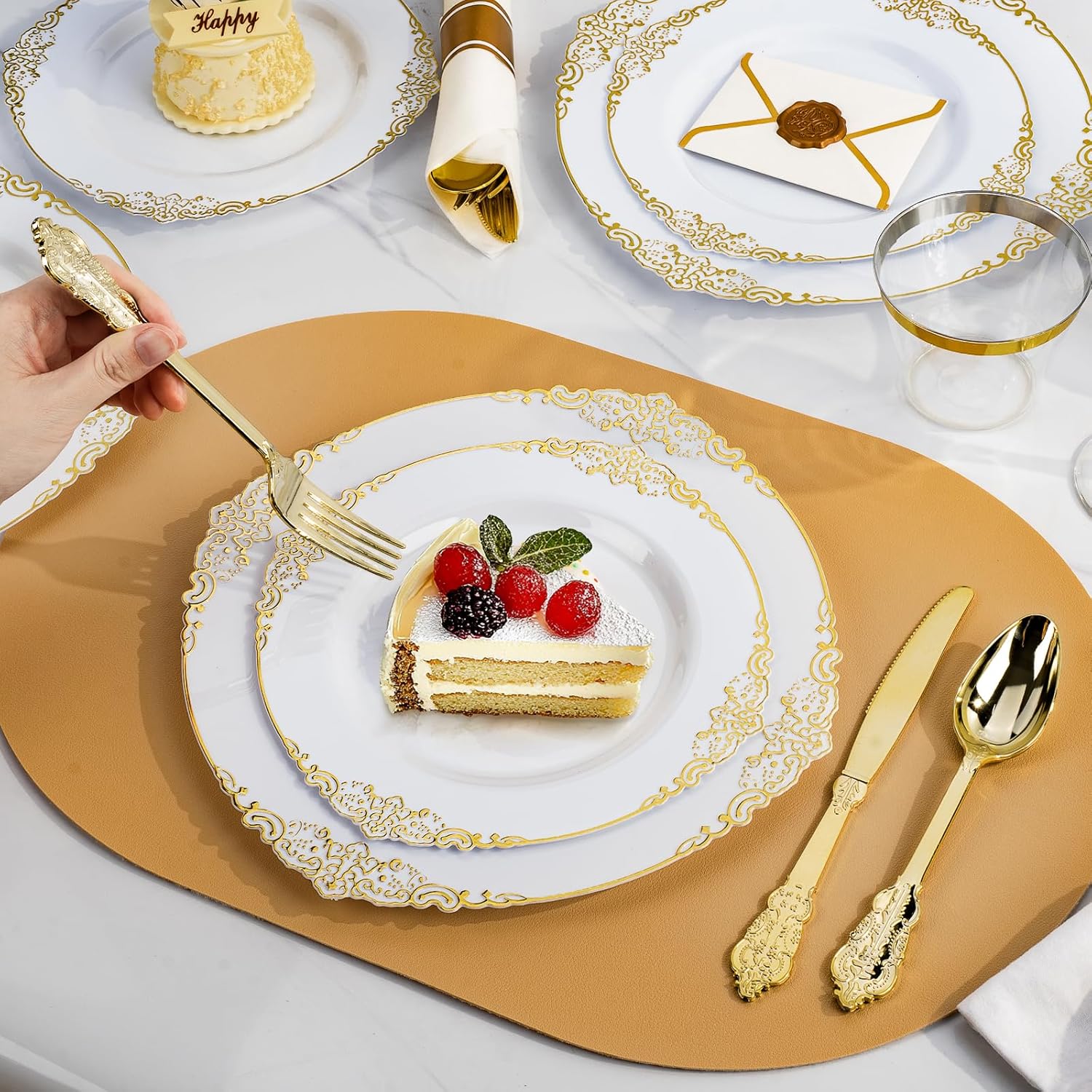 350PCS Gold Plastic Plates for 50 Guests Wedding Party Set