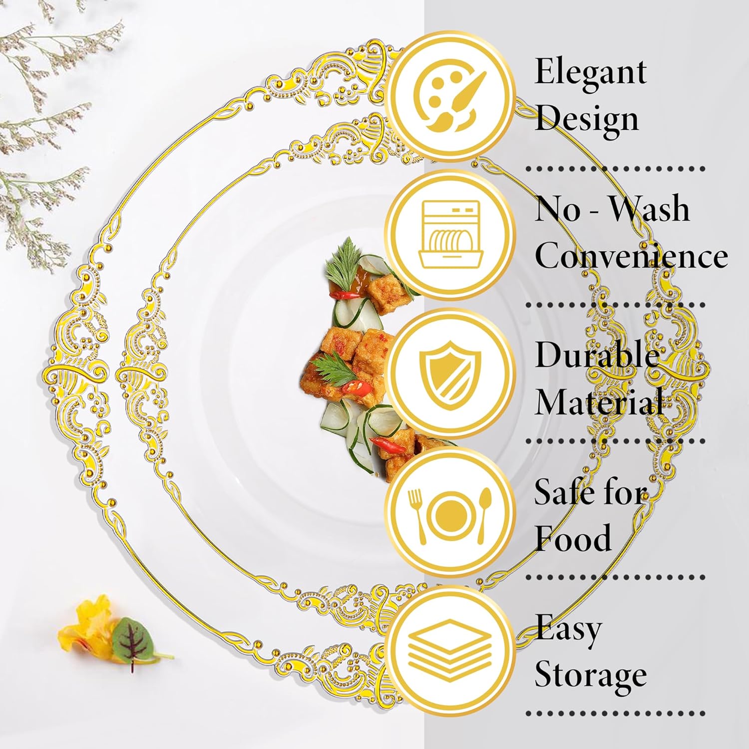 Nervure 175PCS Clear Gold Plastic Plates Set for 25 Guests