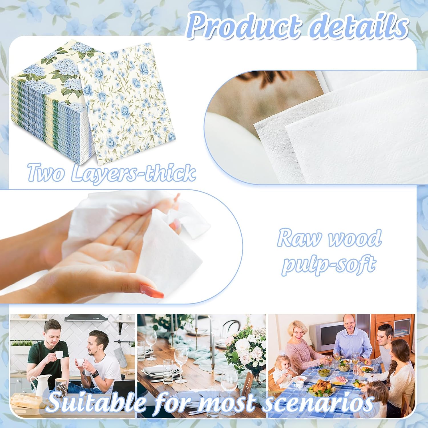 AnyDesign 100 Pcs Blue Floral Paper Napkins for Home Kitchen Parties