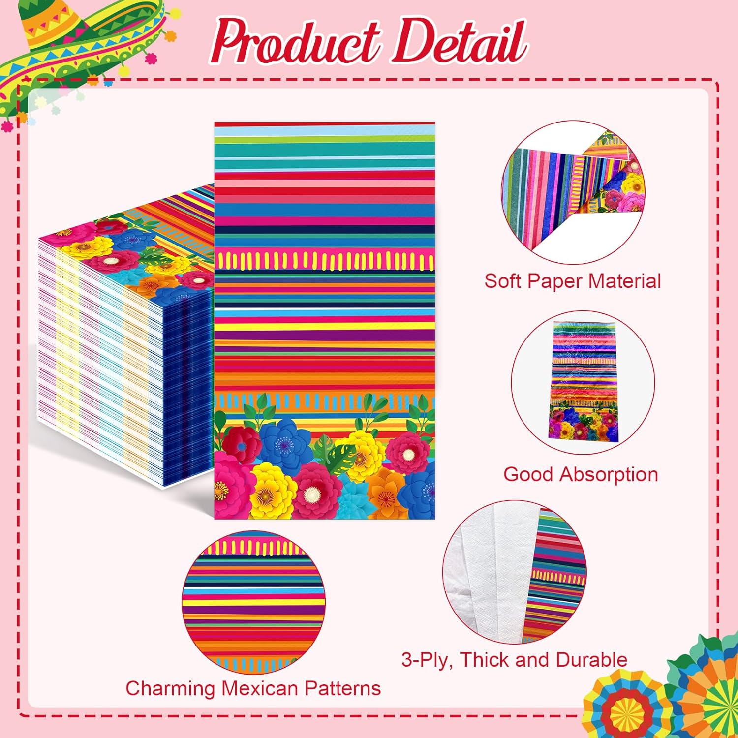 100PCS Mexican Fiesta Paper Napkins for Bathroom 3 Ply