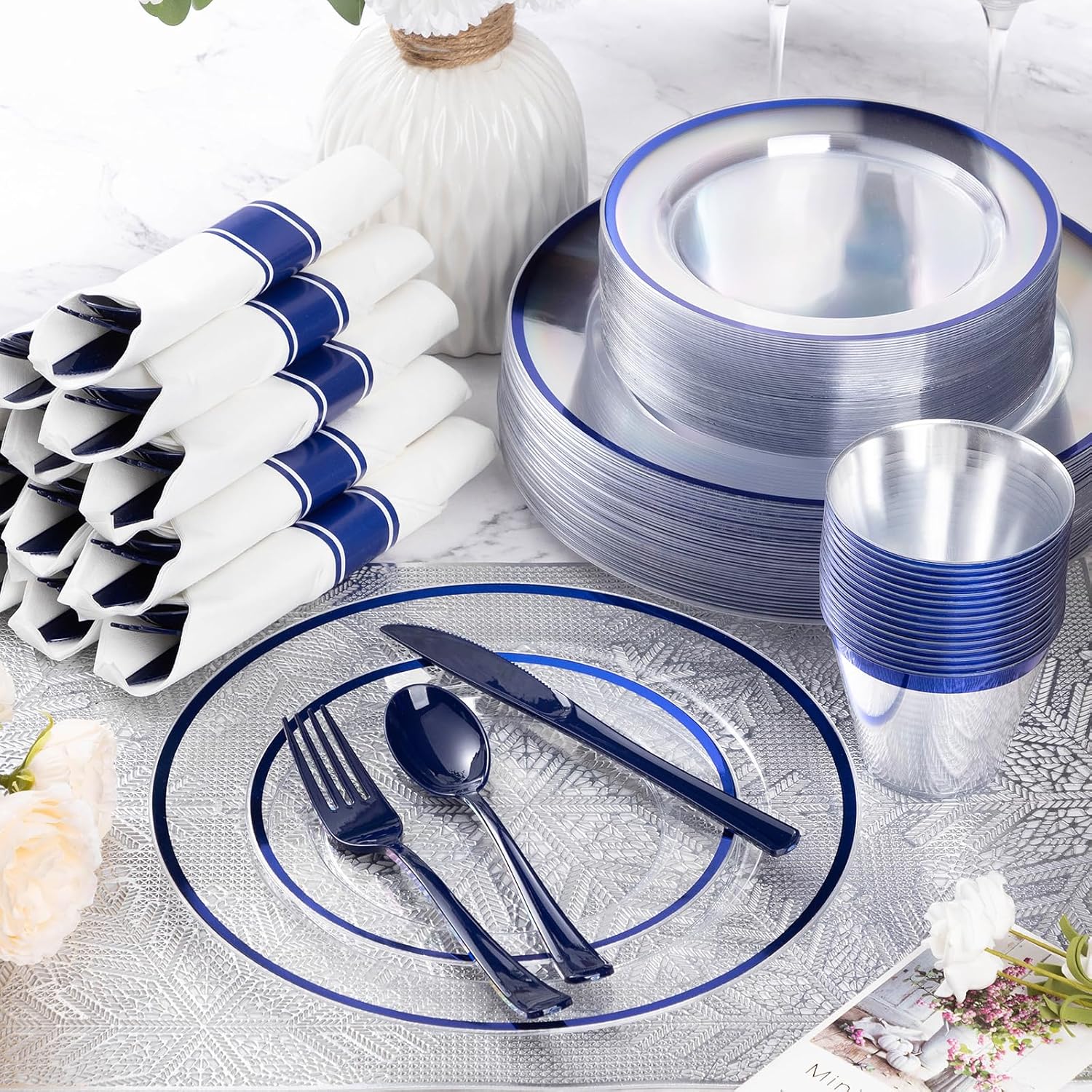 Goodluck 350 Piece Dark Blue Plastic Dinnerware Set for 50 Guests