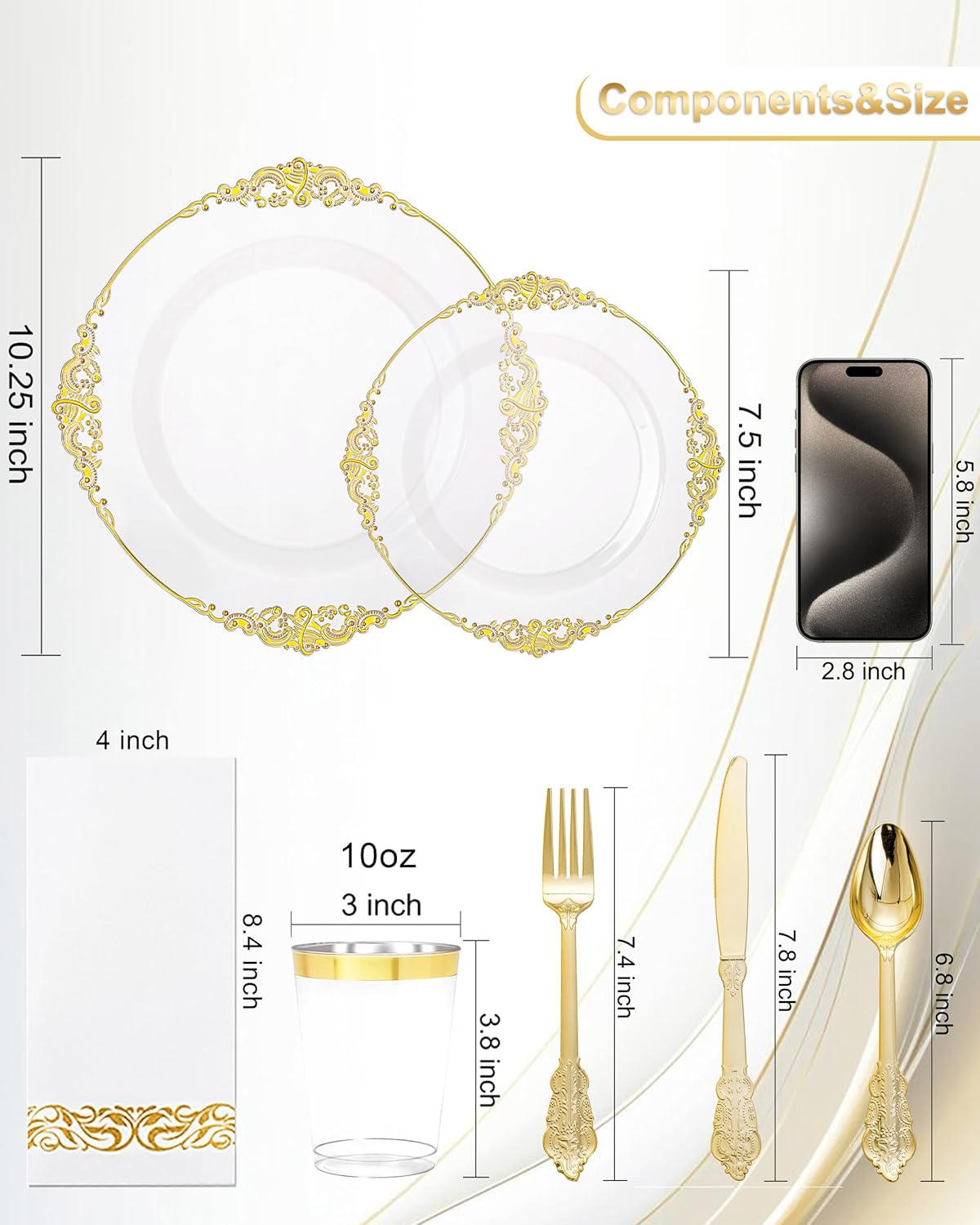 Nervure 175PCS Clear Gold Plastic Plates Set for 25 Guests