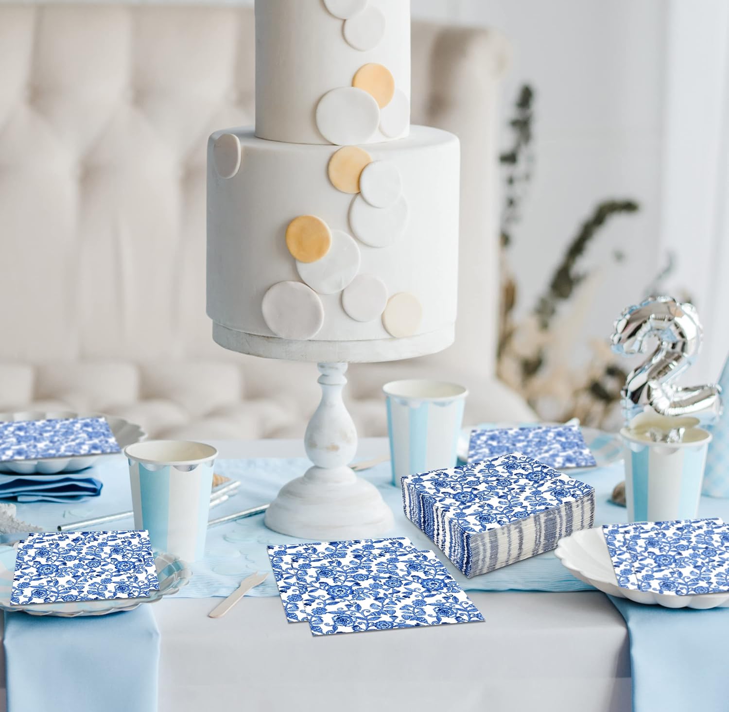 100 Blue Floral Cocktail Napkins for Spring Flower Events