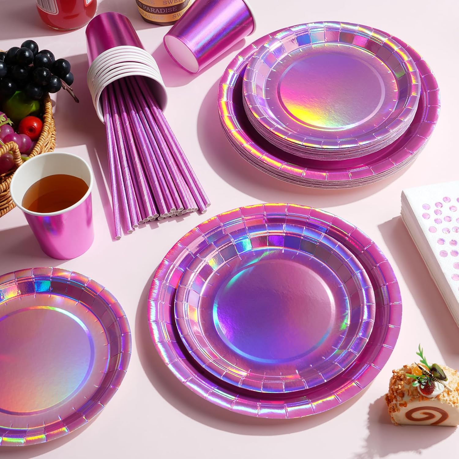 FunnyPars Iridescent Pink Party Plates Set for 25 Guests