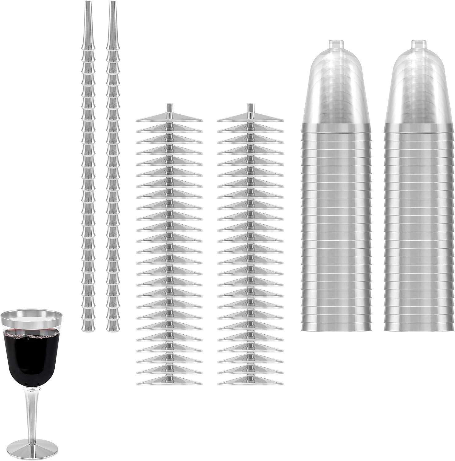 BloominGoods 50 Silver Rimmed Plastic Wine Glasses 10 oz Pack