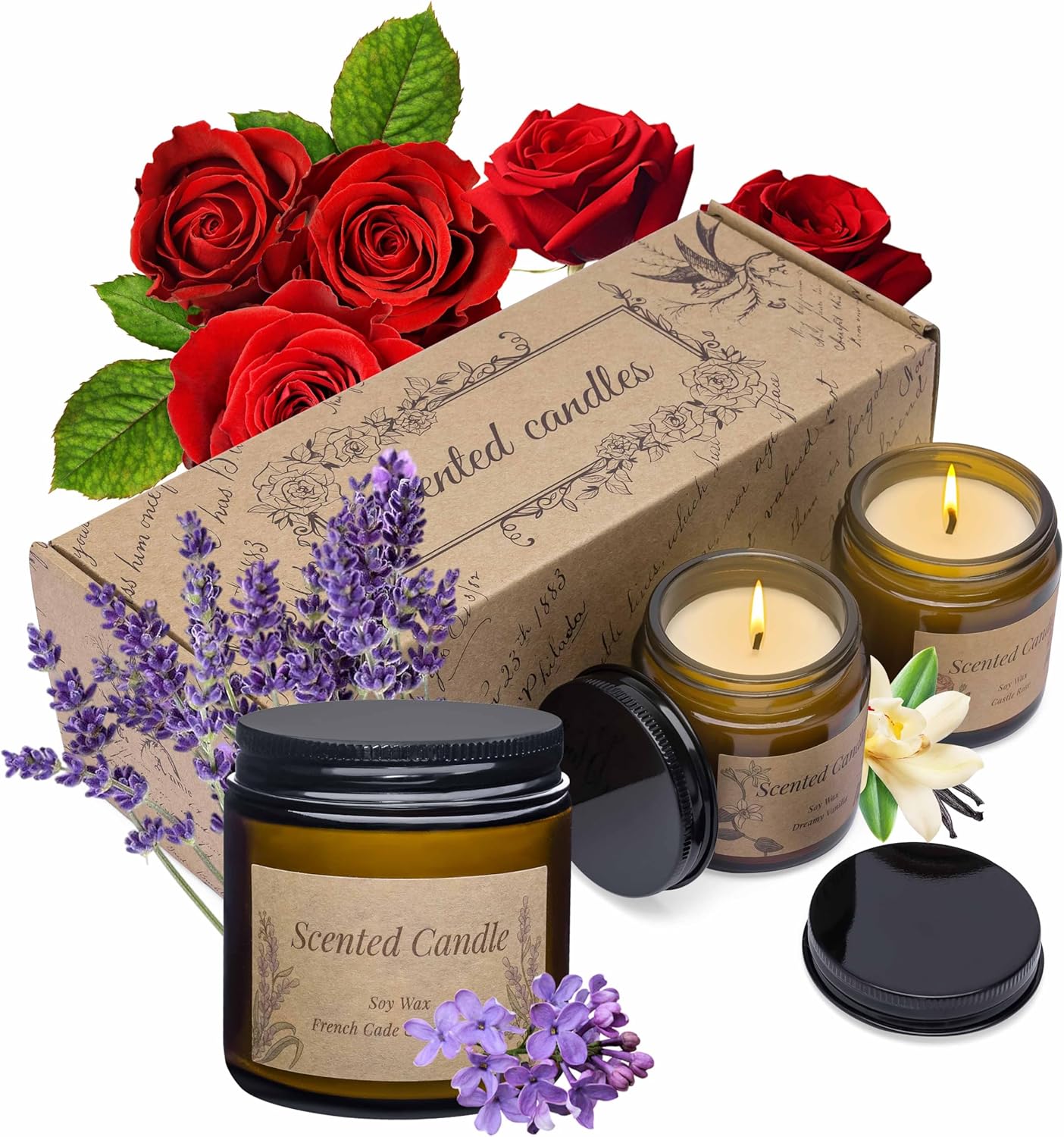 Rancco 3 Pack Scented Candles Set Vanilla Lavender Rose