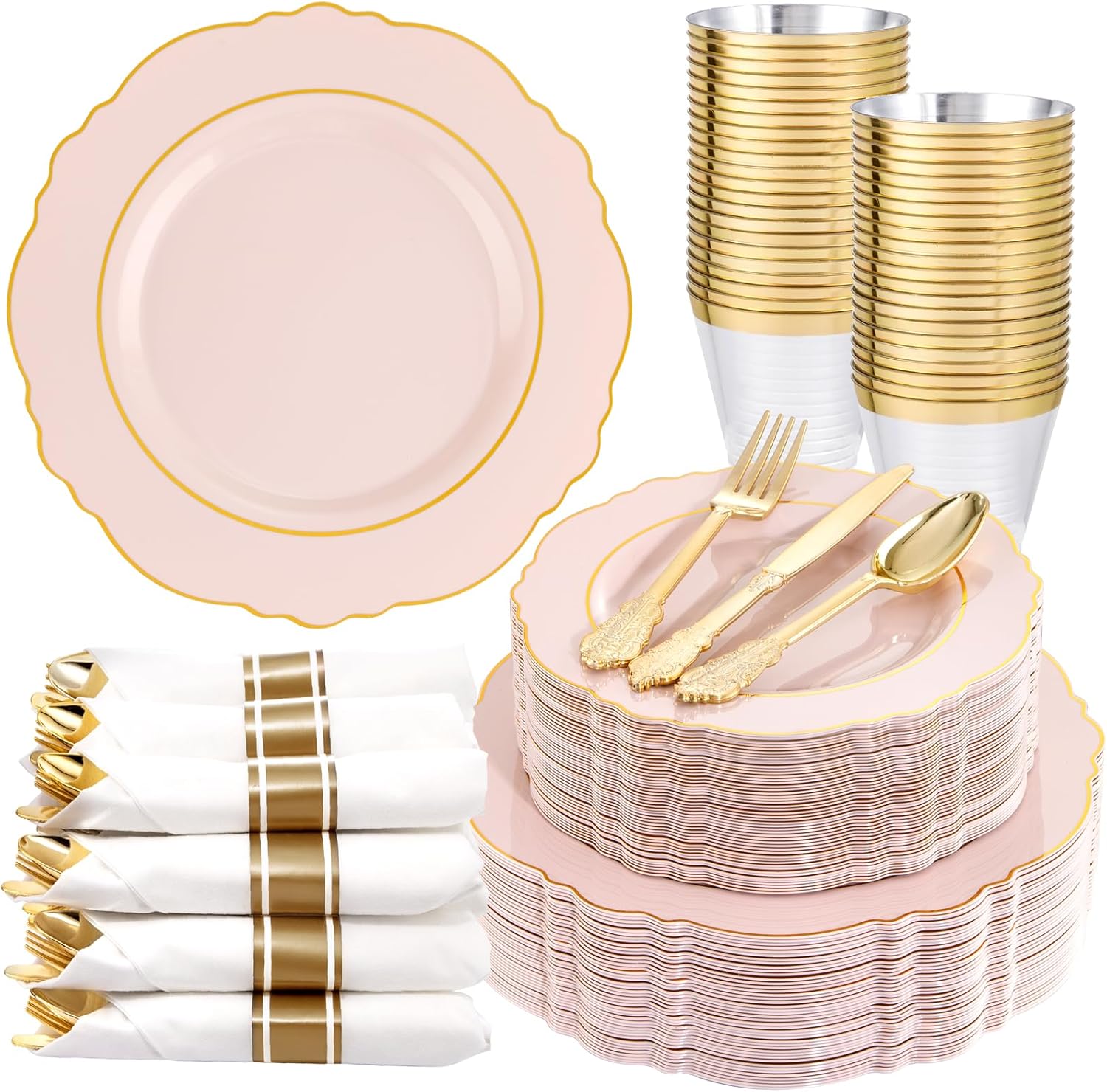 Liacere 350PCS Pink Plates with Gold Border for 50 Guests