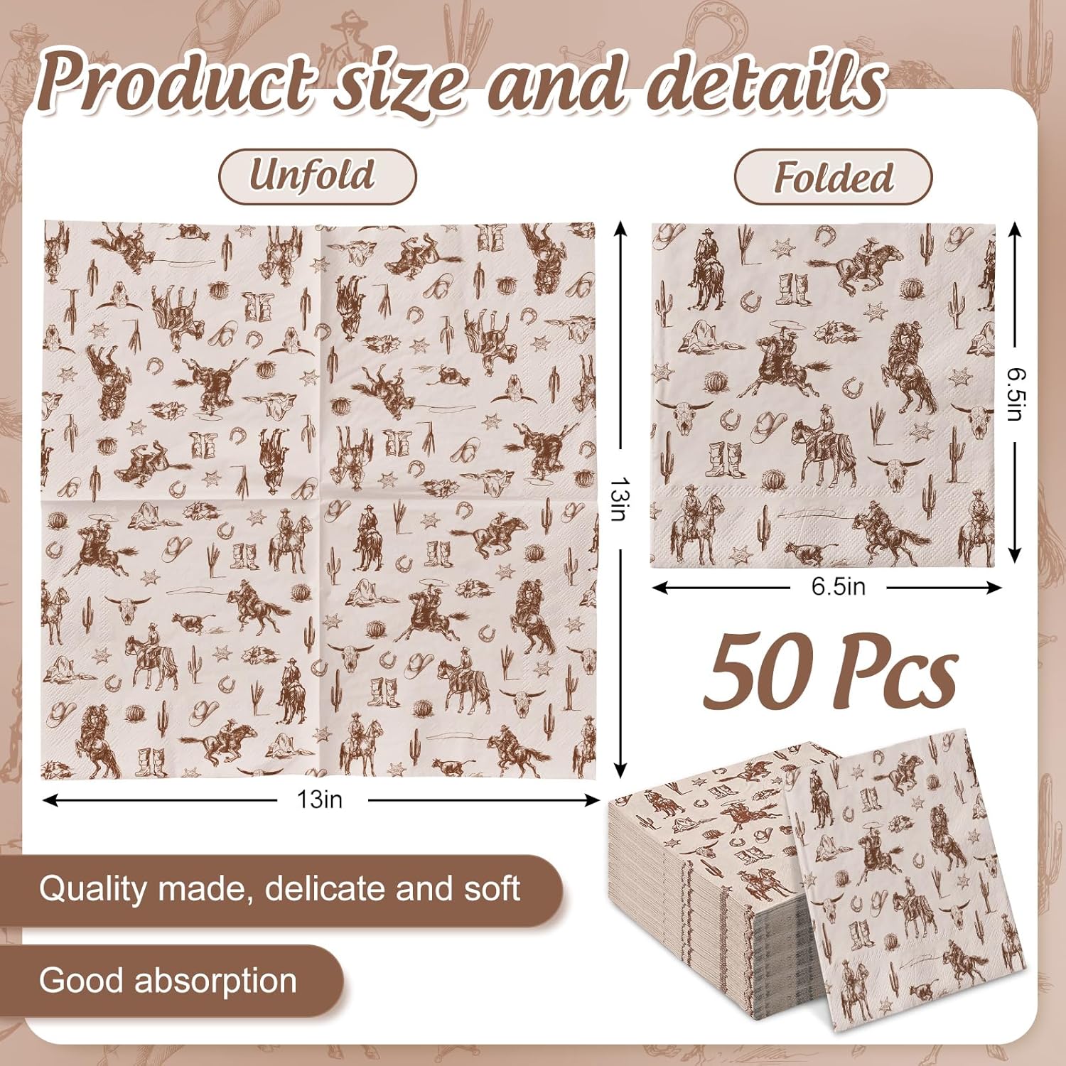Western Cowboy Brown Paper Napkins 50Pcs Set