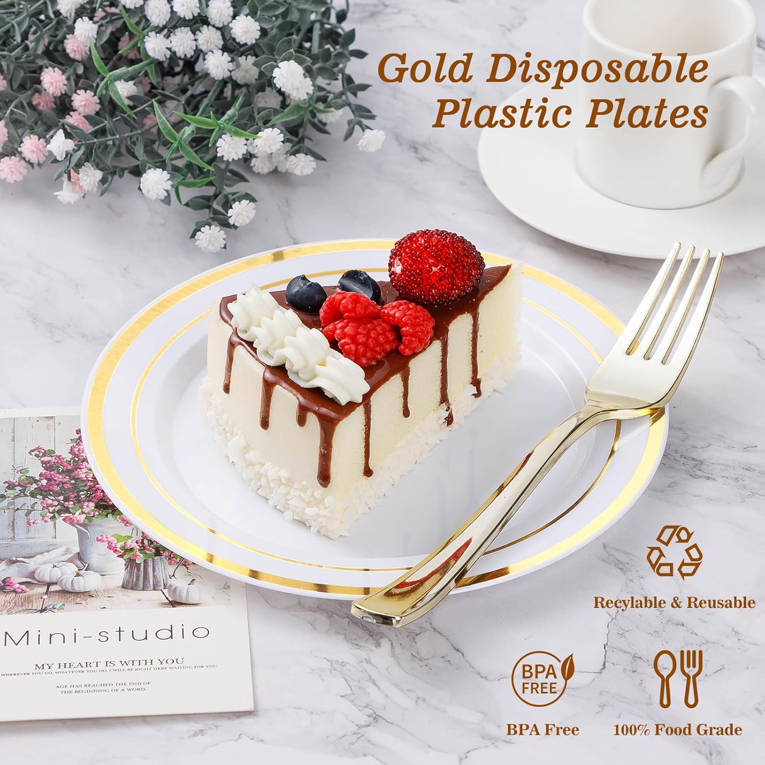 200PCS Gold Plastic Plates for Parties