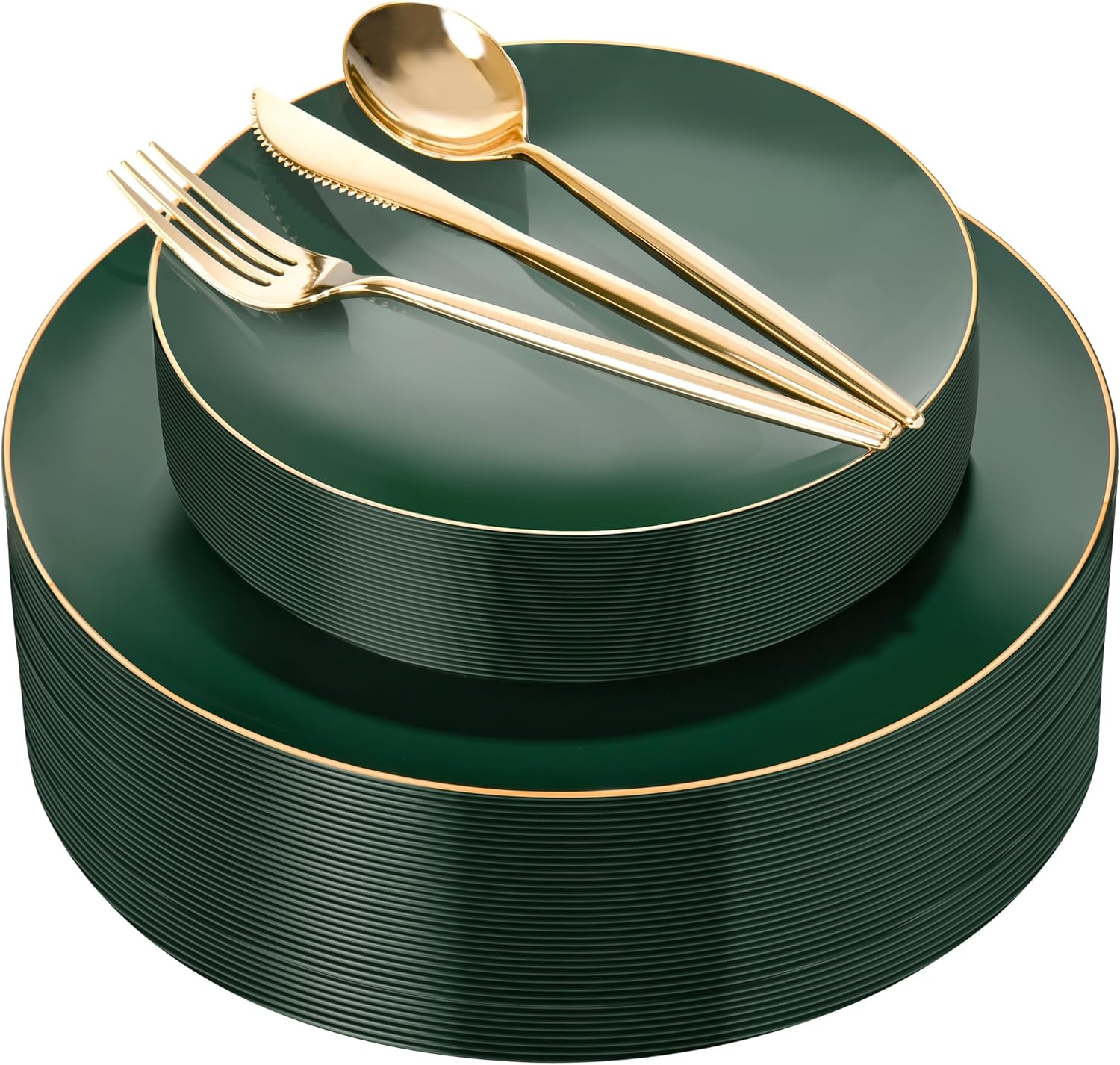 I00000 150Pcs Green Plastic Plates with Gold Rim Set