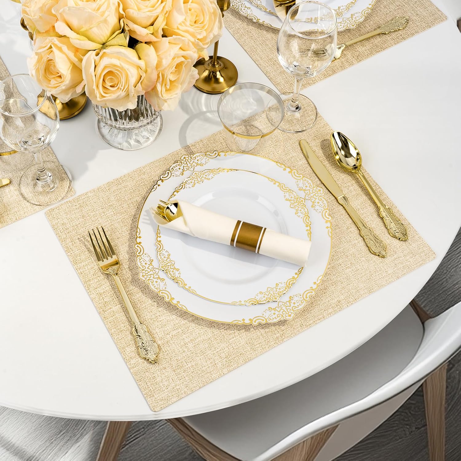 350PCS Gold Plastic Plates for 50 Guests Wedding Party Set