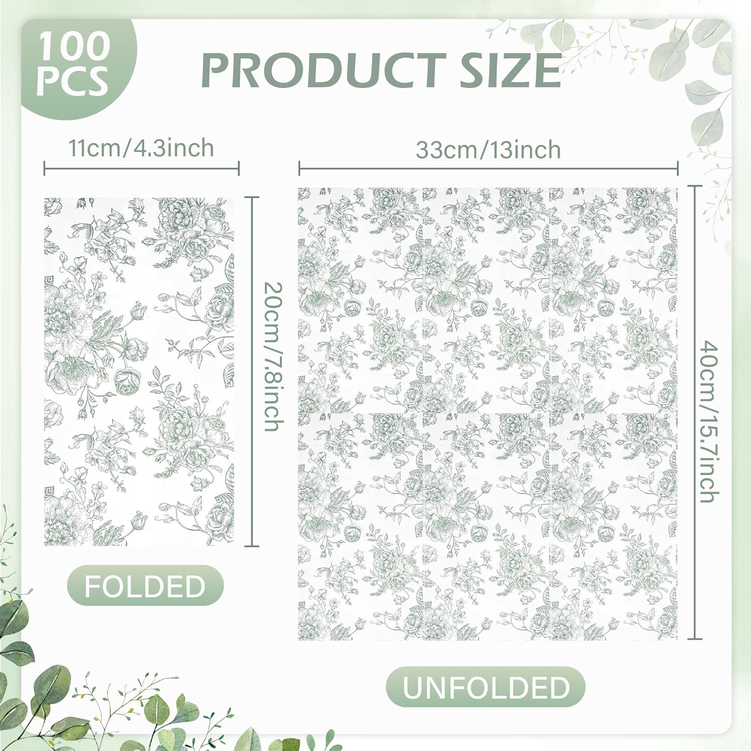 100 Floral Guest Napkins Sage Green and White Toile