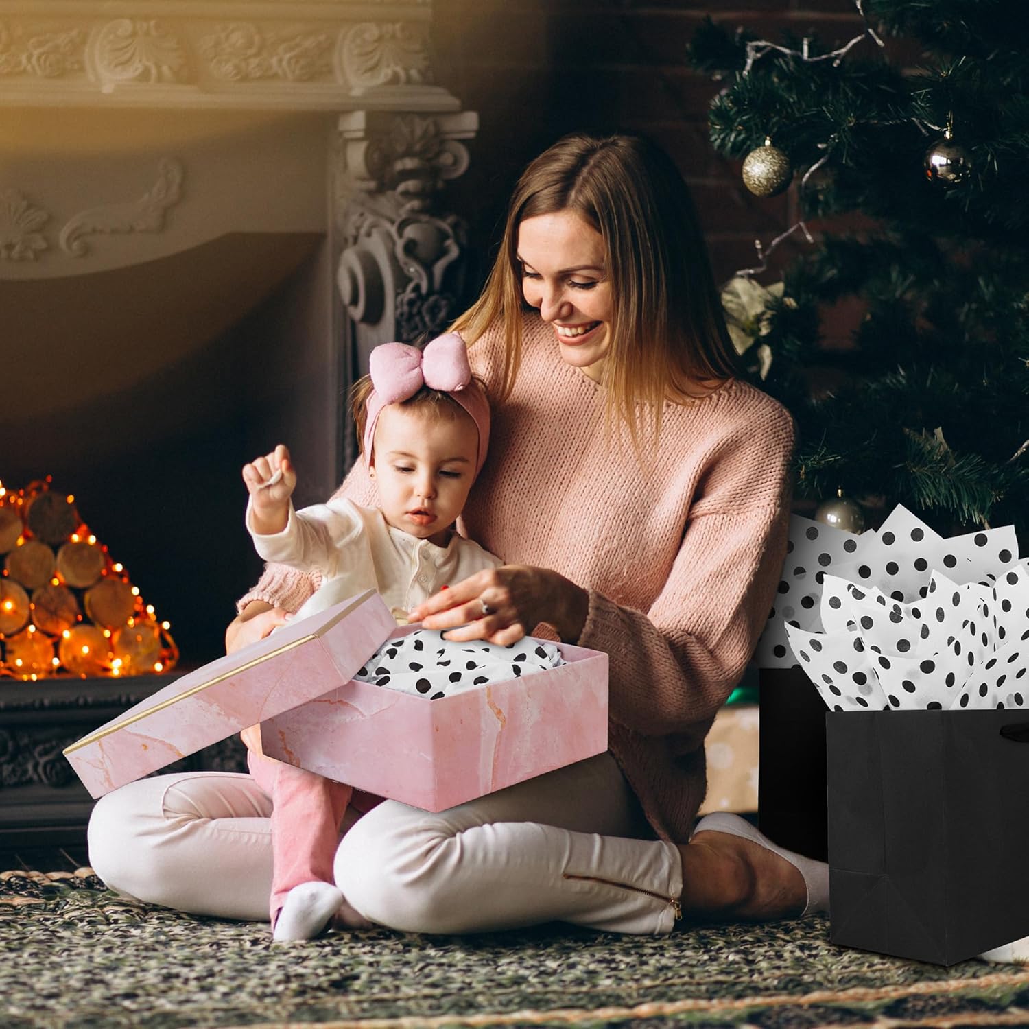 MR FIVE 60 Sheets Black Polka Dot Tissue Paper 14x20