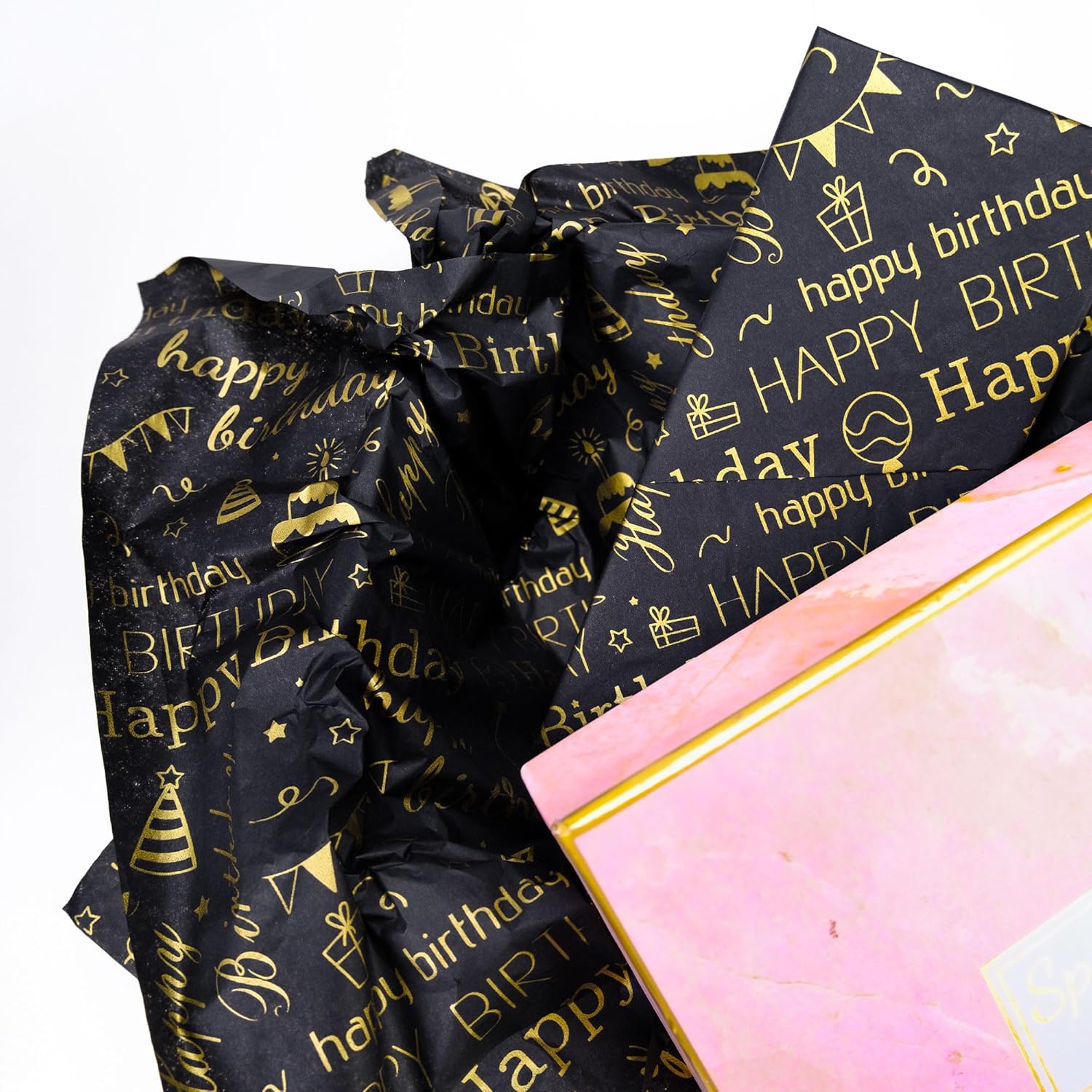 MR FIVE 100 Sheets Birthday Tissue Paper - 20x14 Black Gold Design