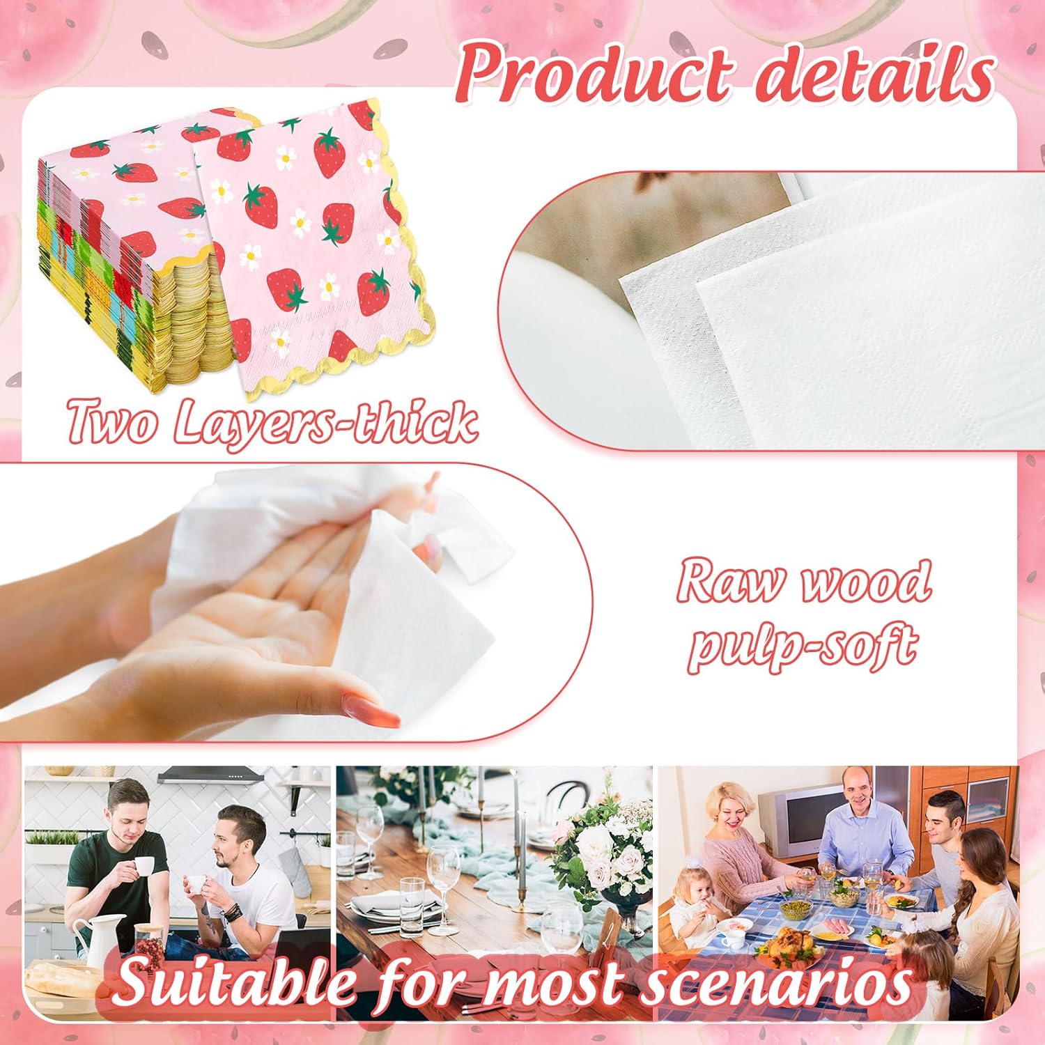 100Pcs Fruit Foil Scalloped Napkins with 4 Designs for Parties