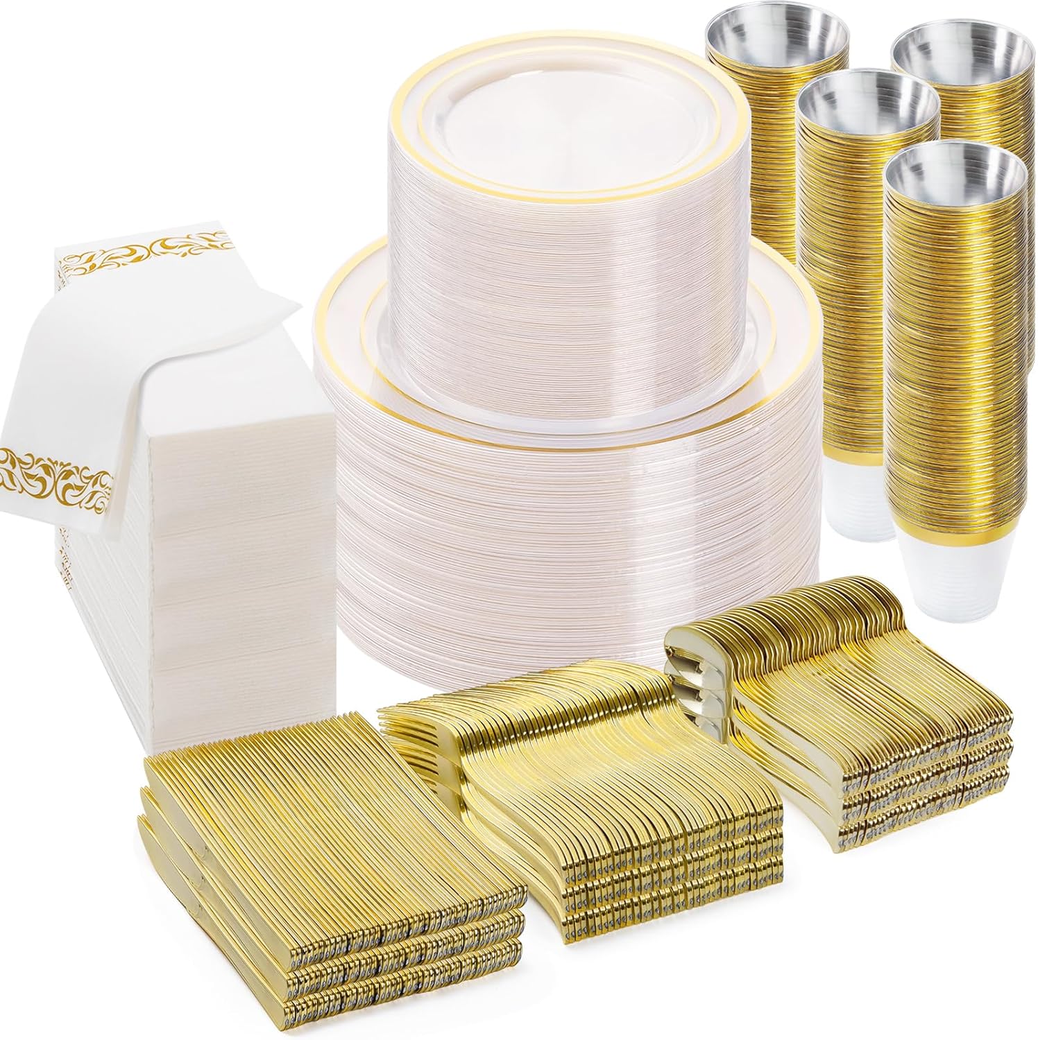 700PCS Clear Gold Disposable Dinnerware Set for 100 Guests