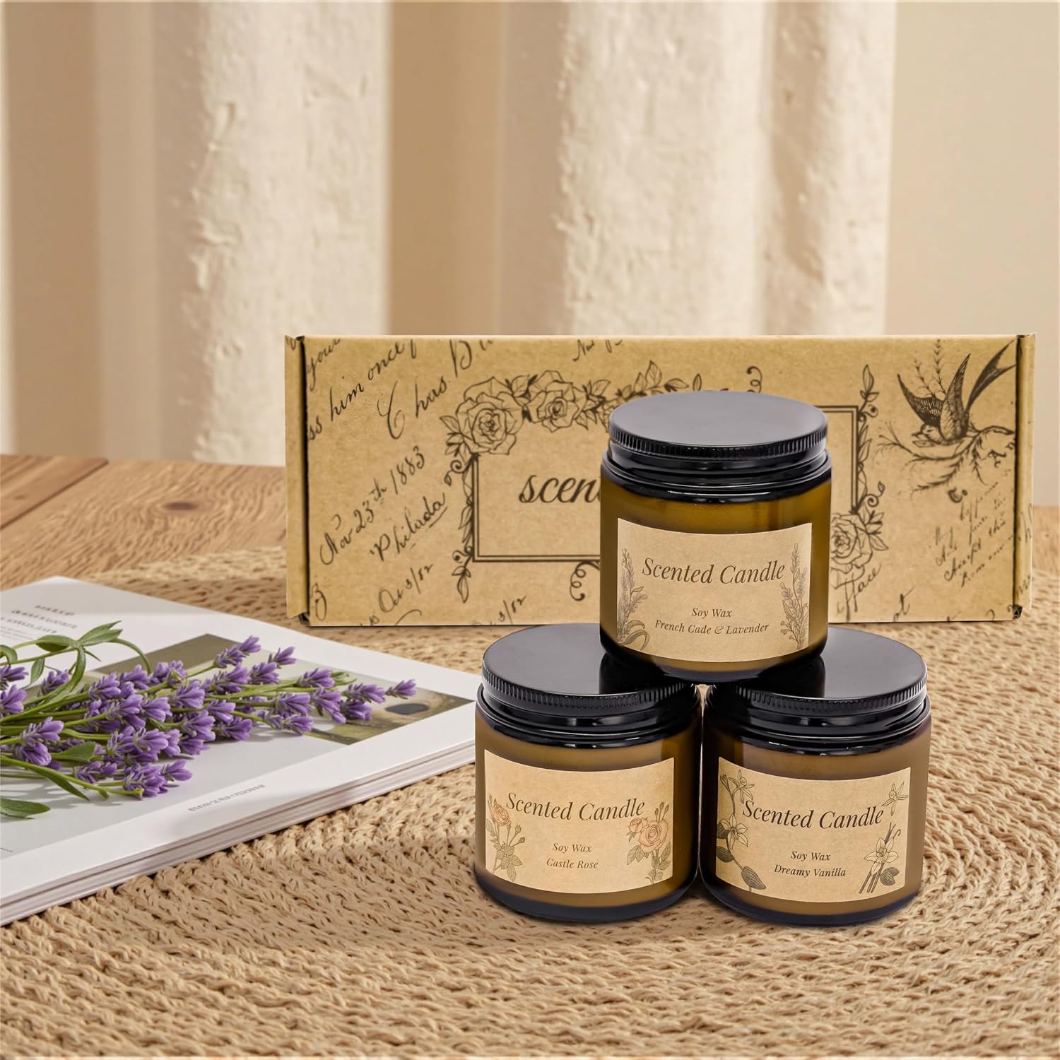 Rancco 3 Pack Scented Candles Set Vanilla Lavender Rose