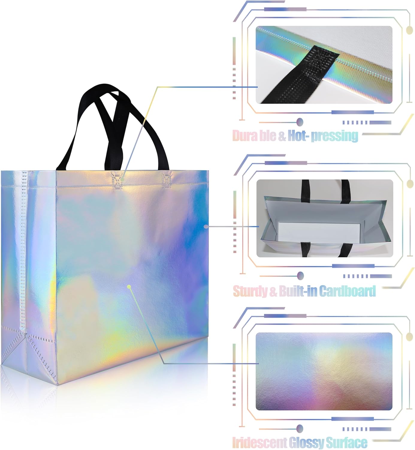 Glossy Iridescent Gift Bags 15 Pcs with Black Handles