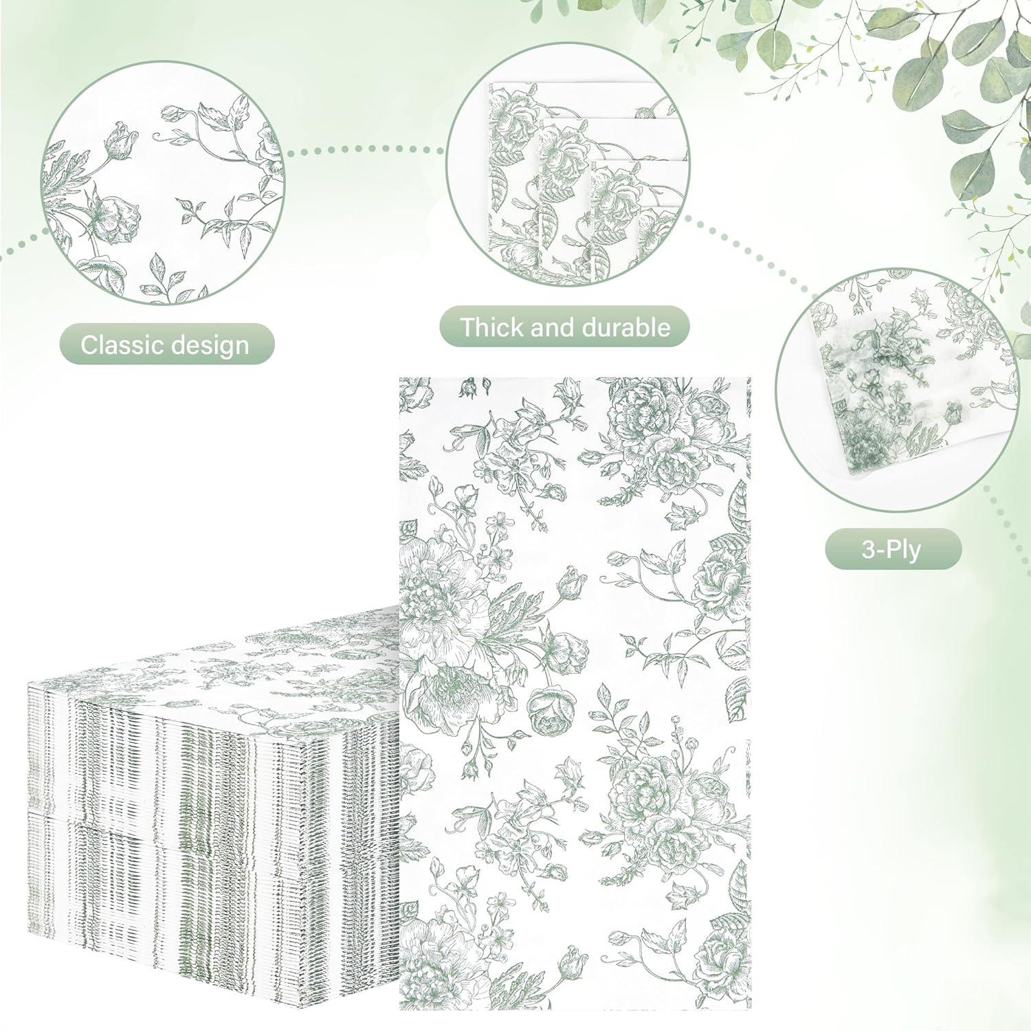 100 Floral Guest Napkins Sage Green and White Toile