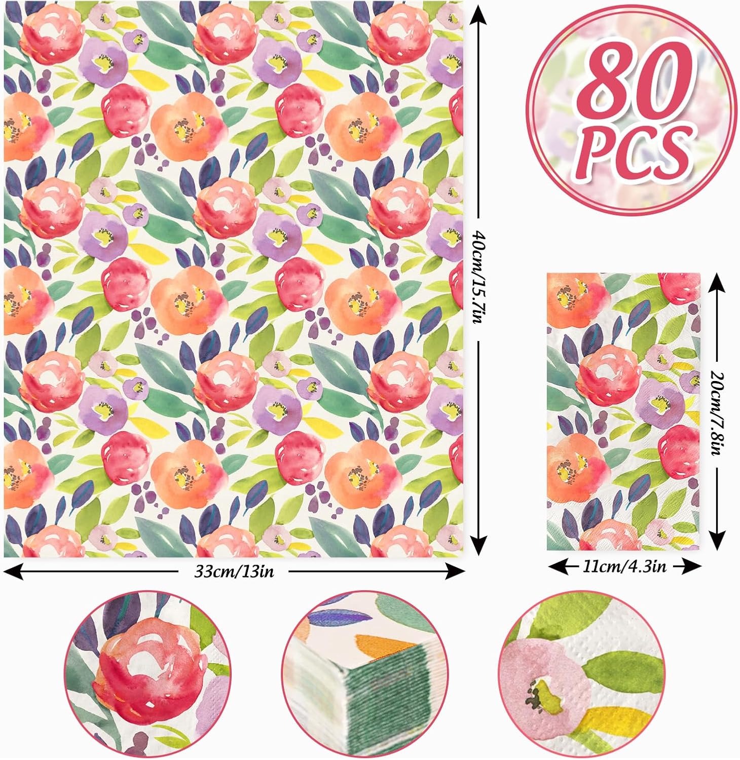 80 Pack Floral Watercolor Dinner Napkins