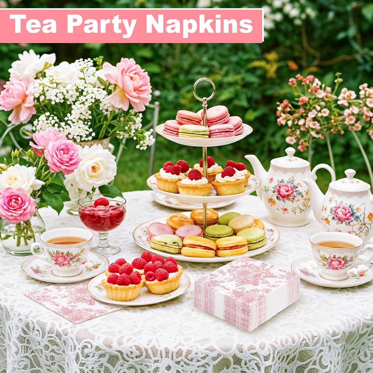 100 Pcs Pink Floral Napkins with White Toile Design