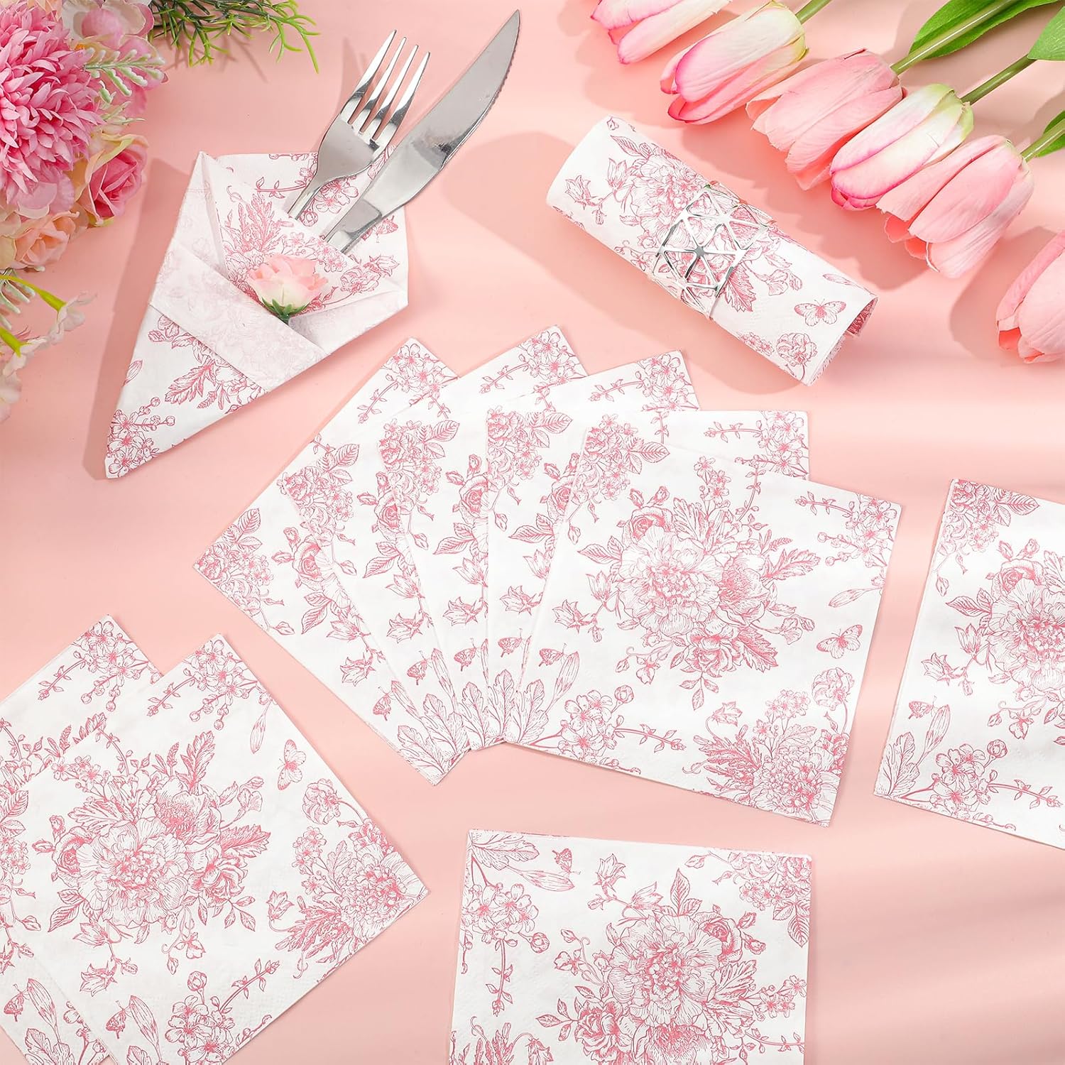 100 Pcs Pink Floral Napkins with White Toile Design