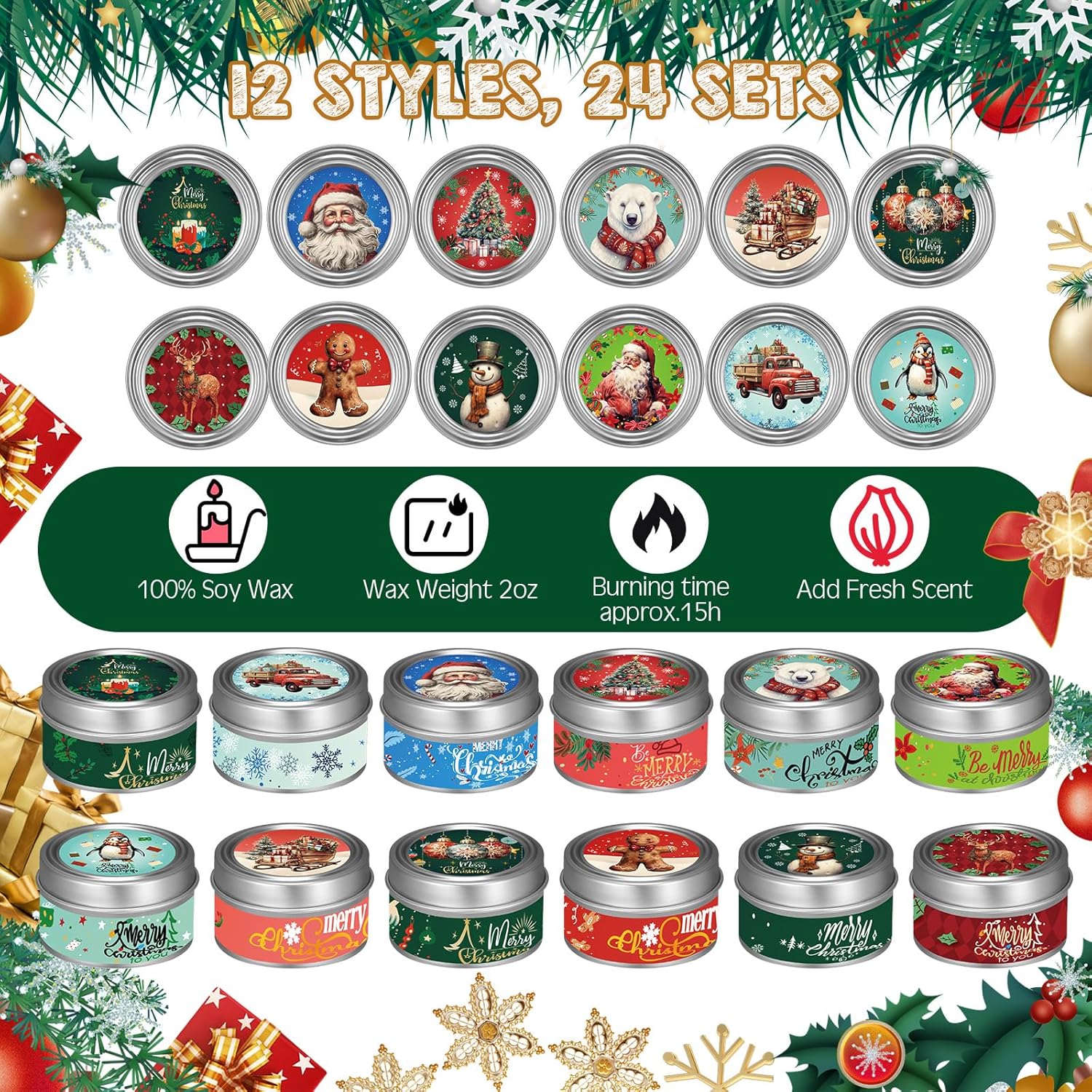 MTLEE 36 Pack Christmas Soy Wax Candles with Organza Bags and Cards