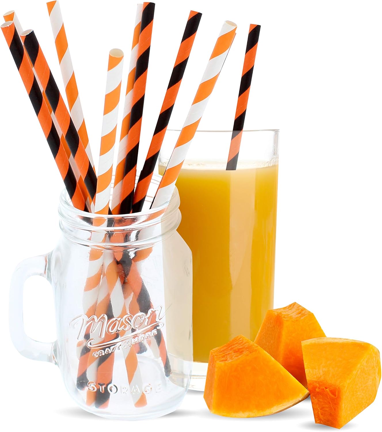 Party On Tap Paper Straws - Orange White Black Striped Pack of 100