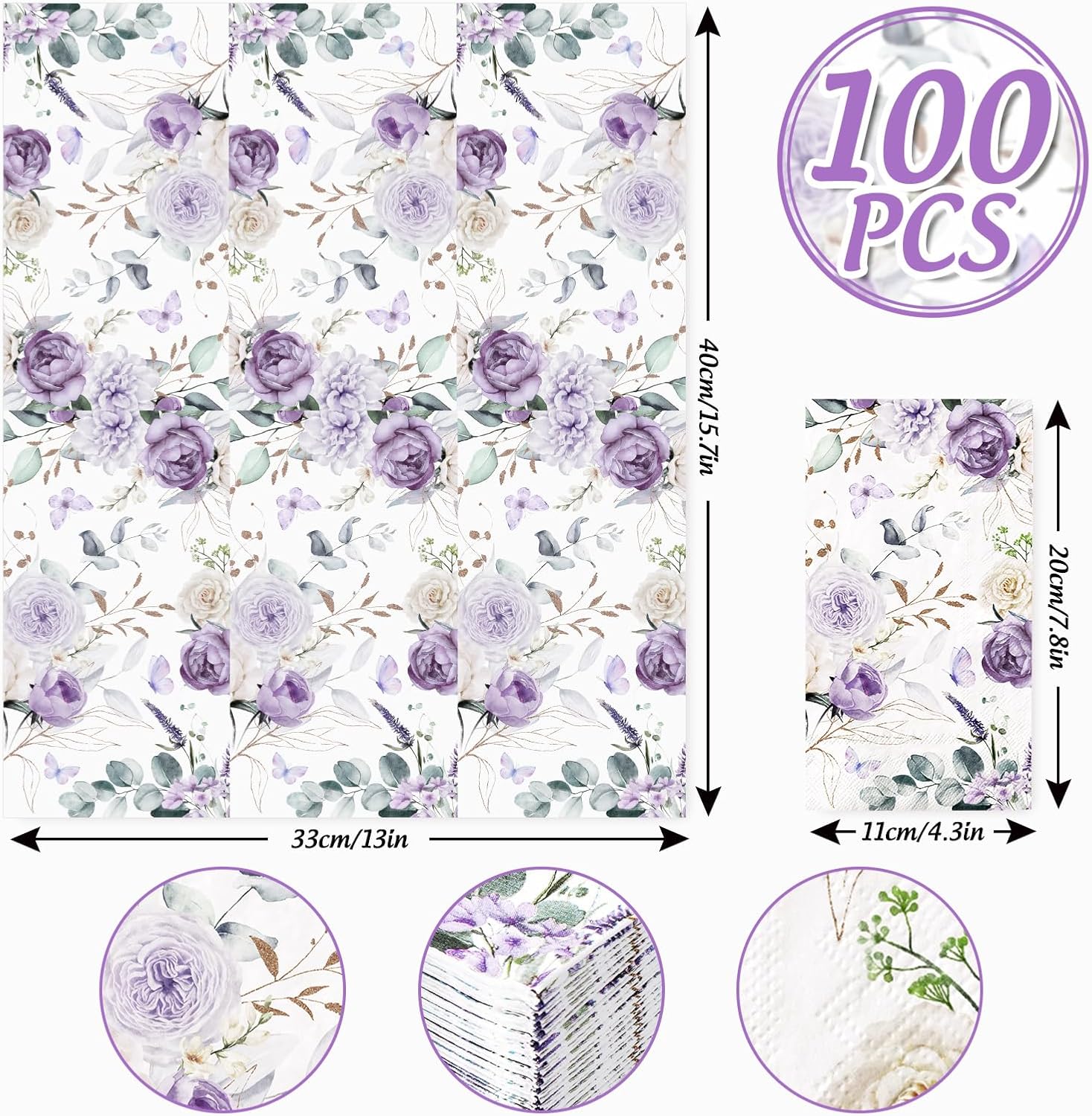 100Pcs Watercolor Purple Flower Butterfly Napkins