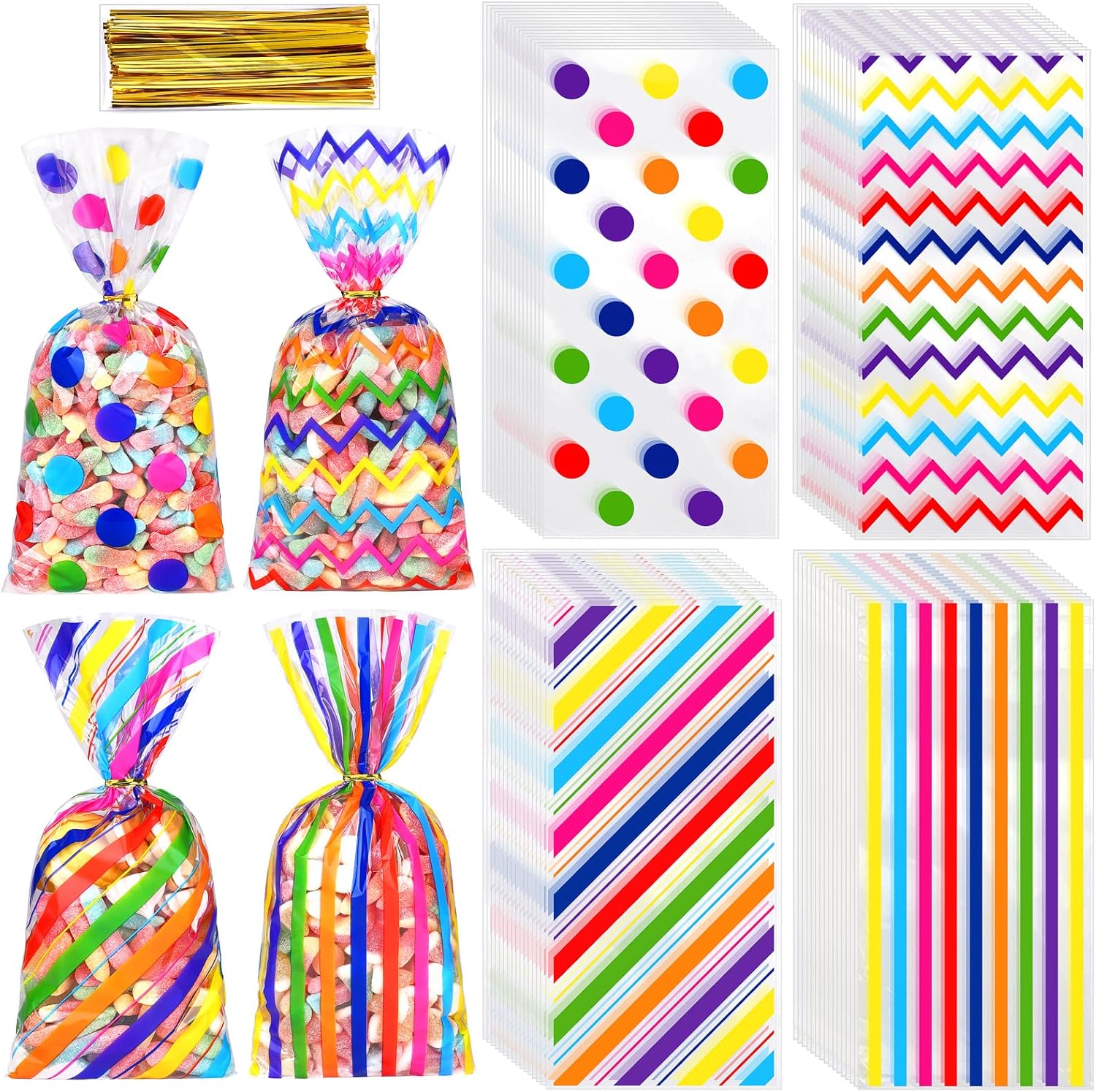 Aodaer 100 Piece Rainbow Cellophane Gift Bags with Twist Ties