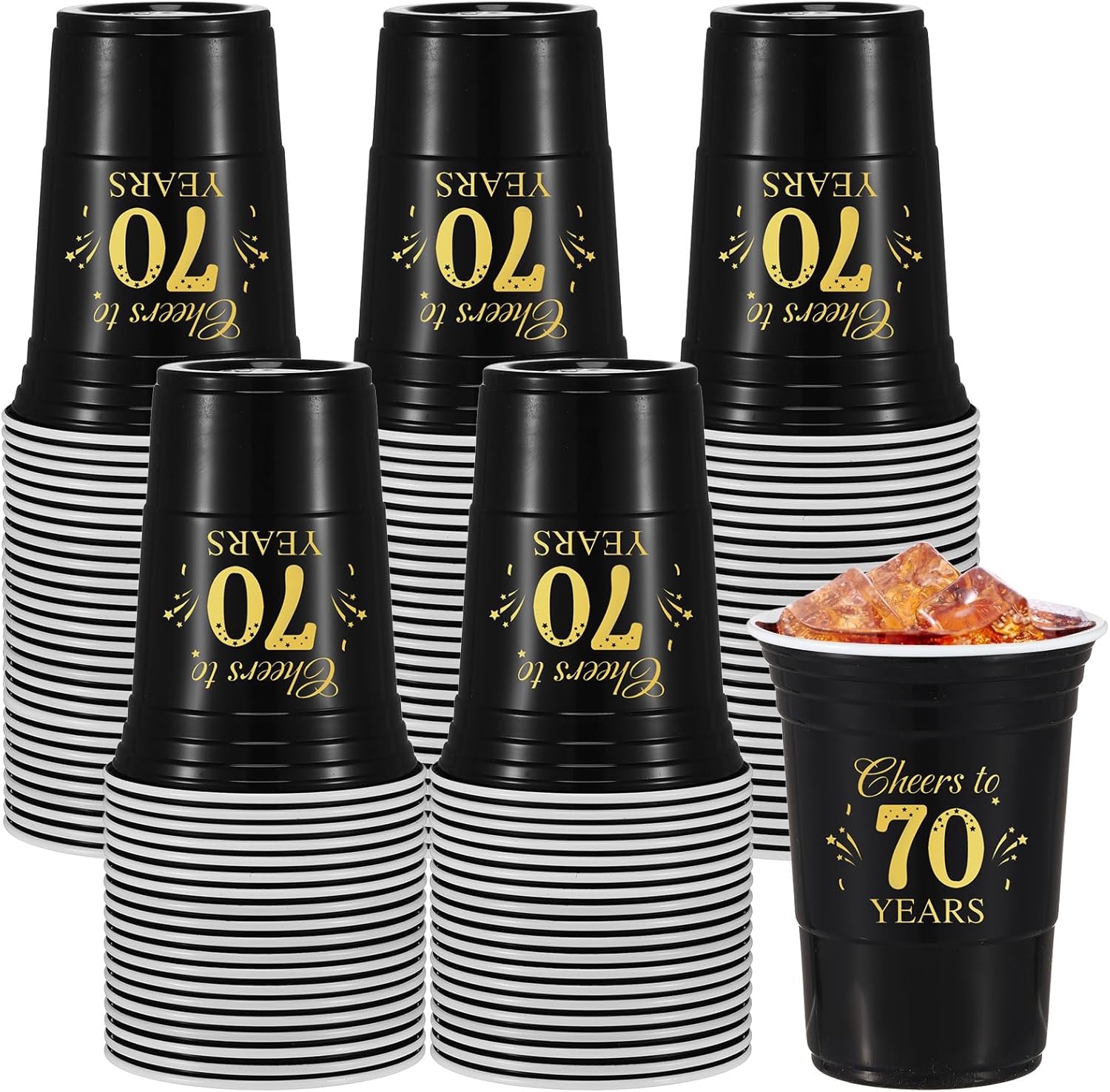 50 Pack 16 oz Gold and Black 70th Birthday Cups
