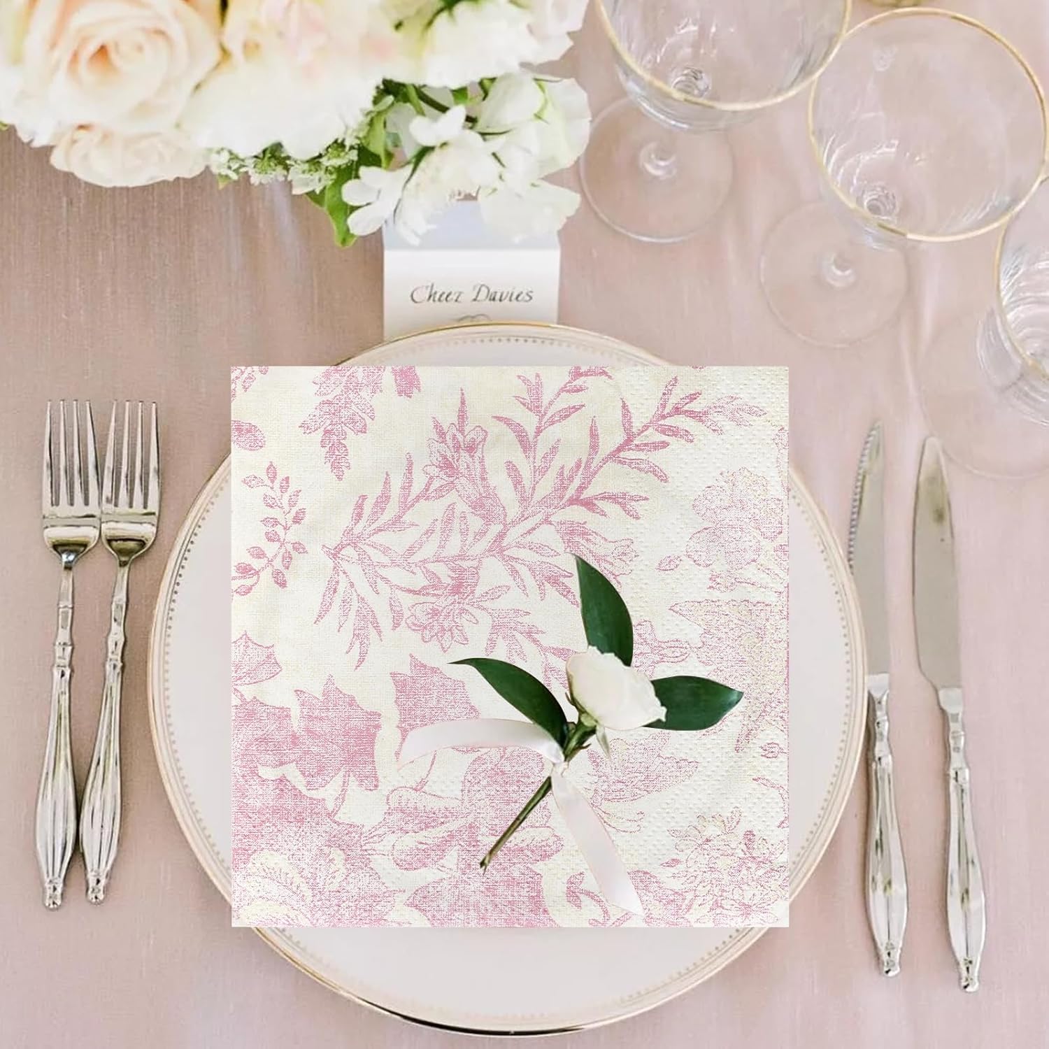 100 Pack Pink Floral Cocktail Napkins for Parties