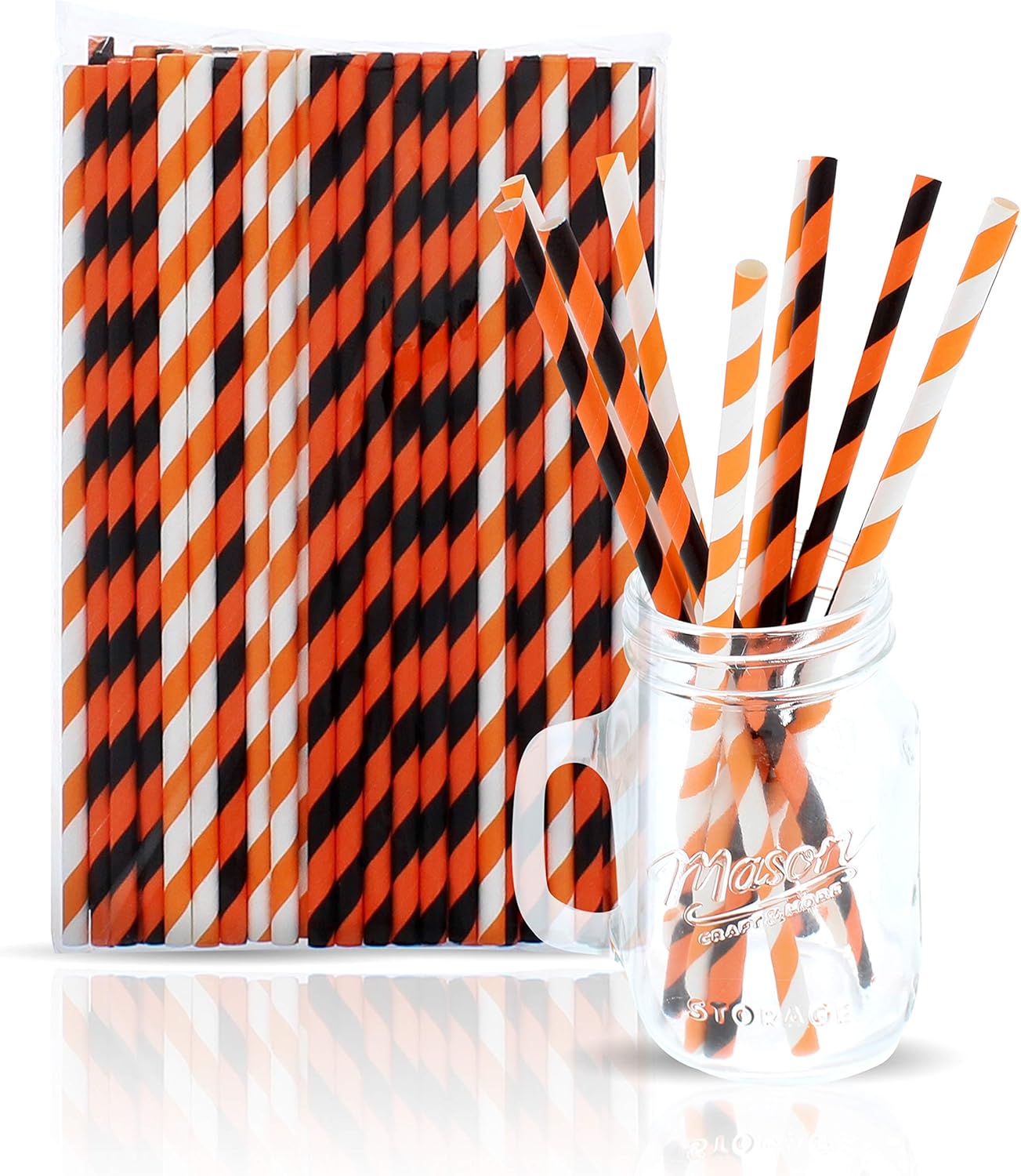 Party On Tap Paper Straws - Orange White Black Striped Pack of 100
