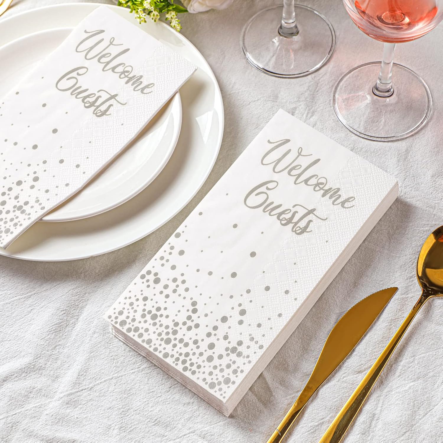 200 Pcs Silver Welcome Guests Napkins for Bathroom and Events