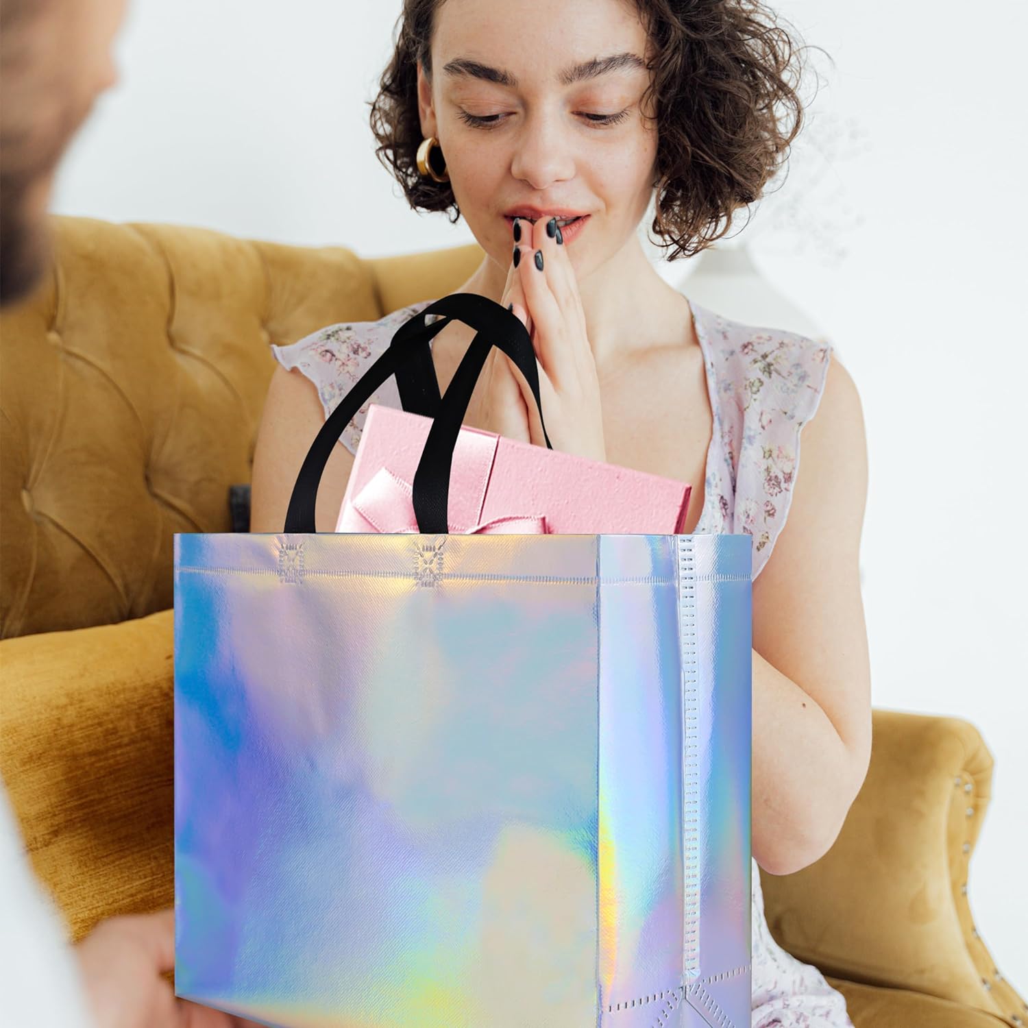 Glossy Iridescent Gift Bags 15 Pcs with Black Handles