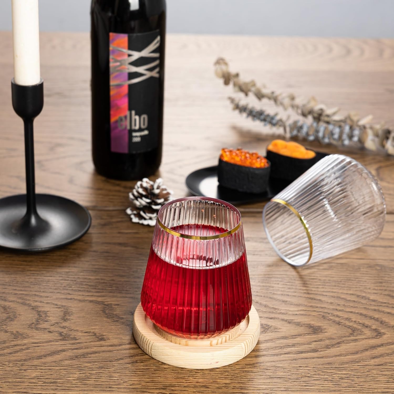 N9R 24 Pack Clear Plastic Wine Cups with Gold Rim