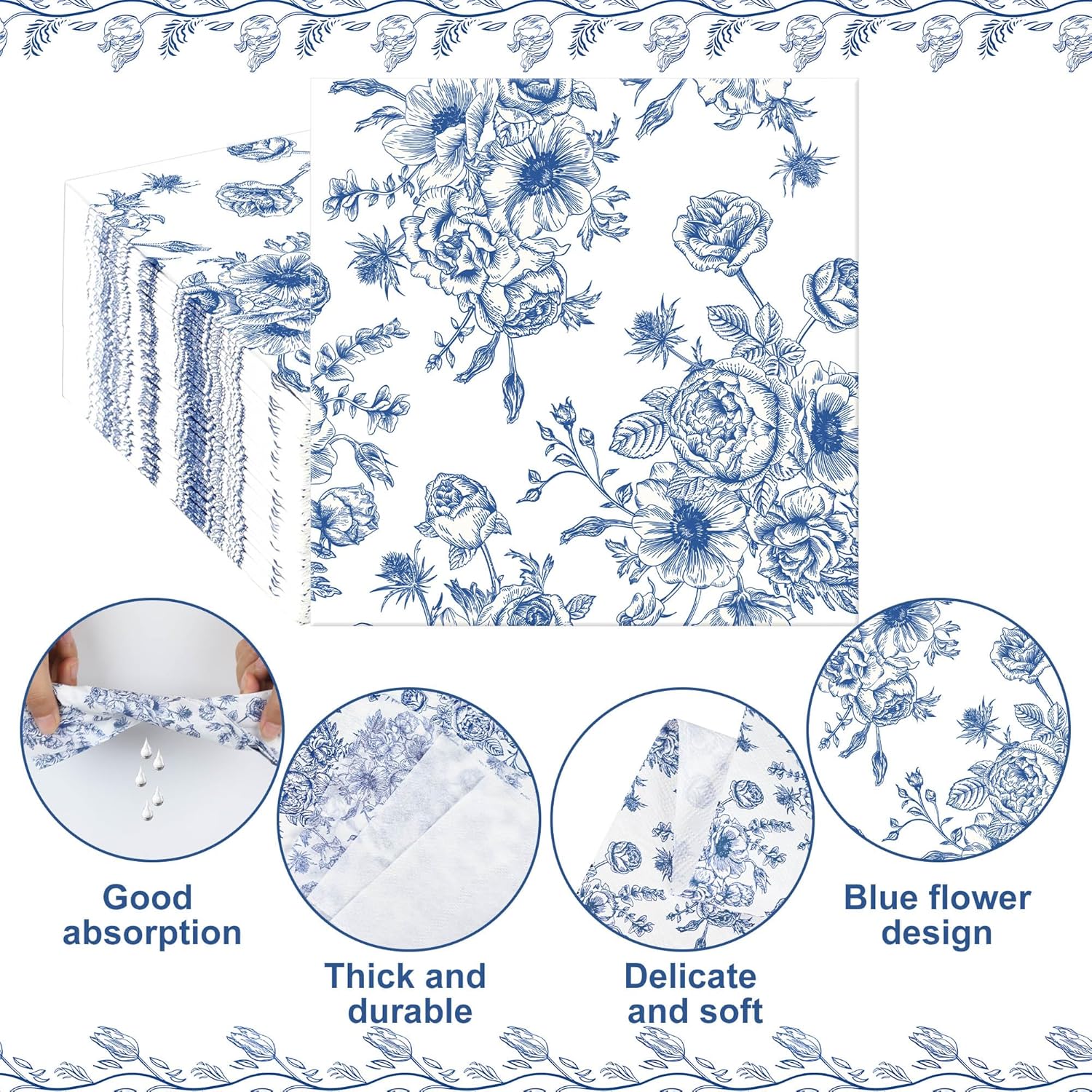 50PCS Blue Floral Cocktail Napkins 3-Ply Disposable