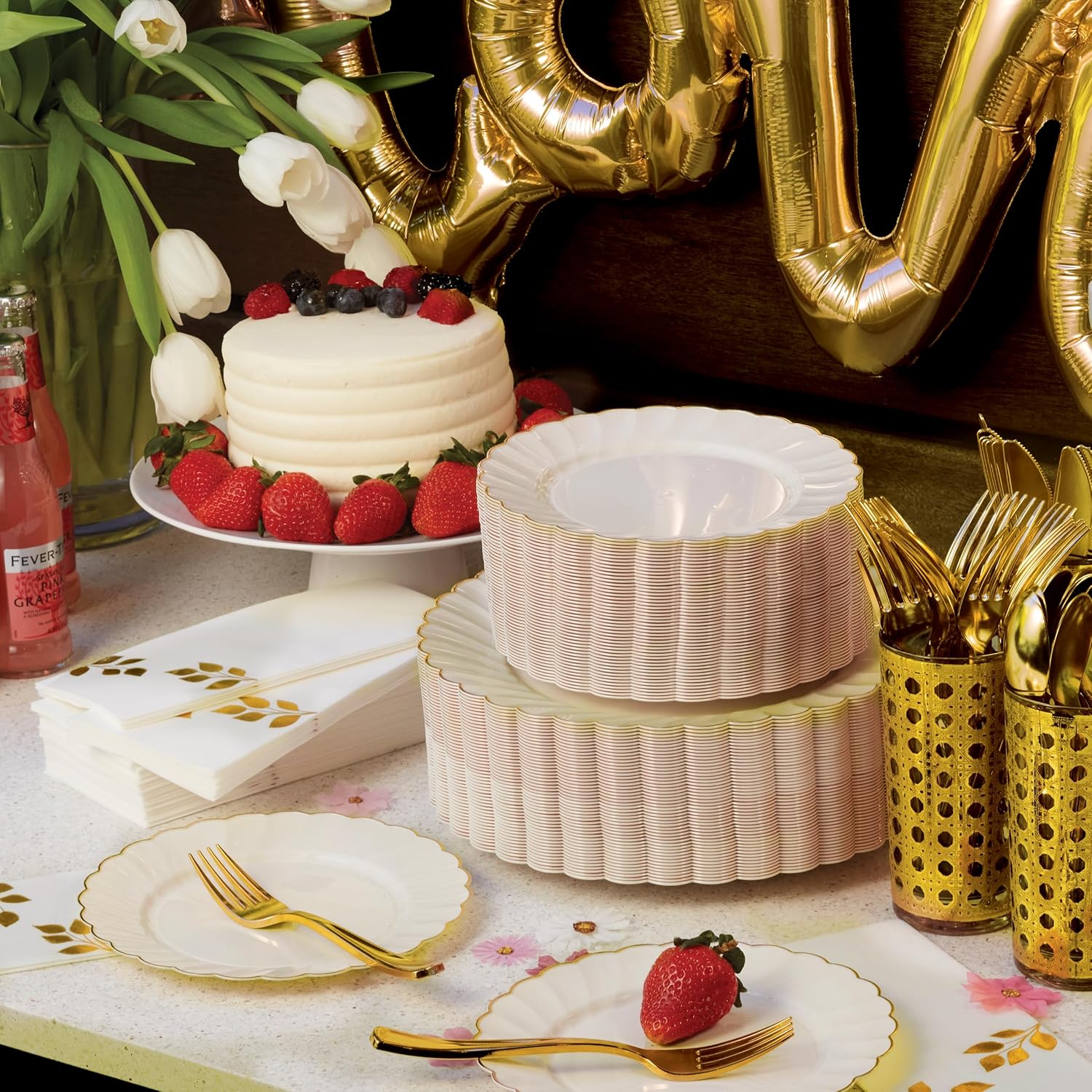 By Madee 60 Pc Ivory Scalloped Plates with Gold Trim