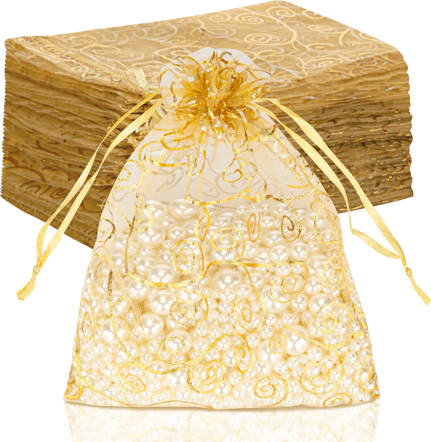 Staruby Gold Sheer Organza Gift Bags 100Pcs 5x7 Inch Drawstring Mesh Party Pouches