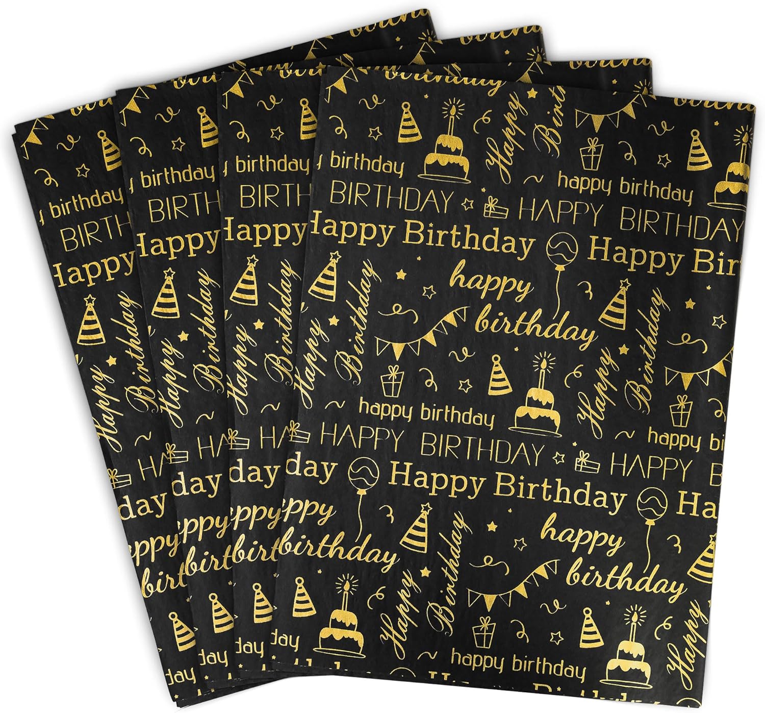 MR FIVE 100 Sheets Birthday Tissue Paper - 20x14 Black Gold Design