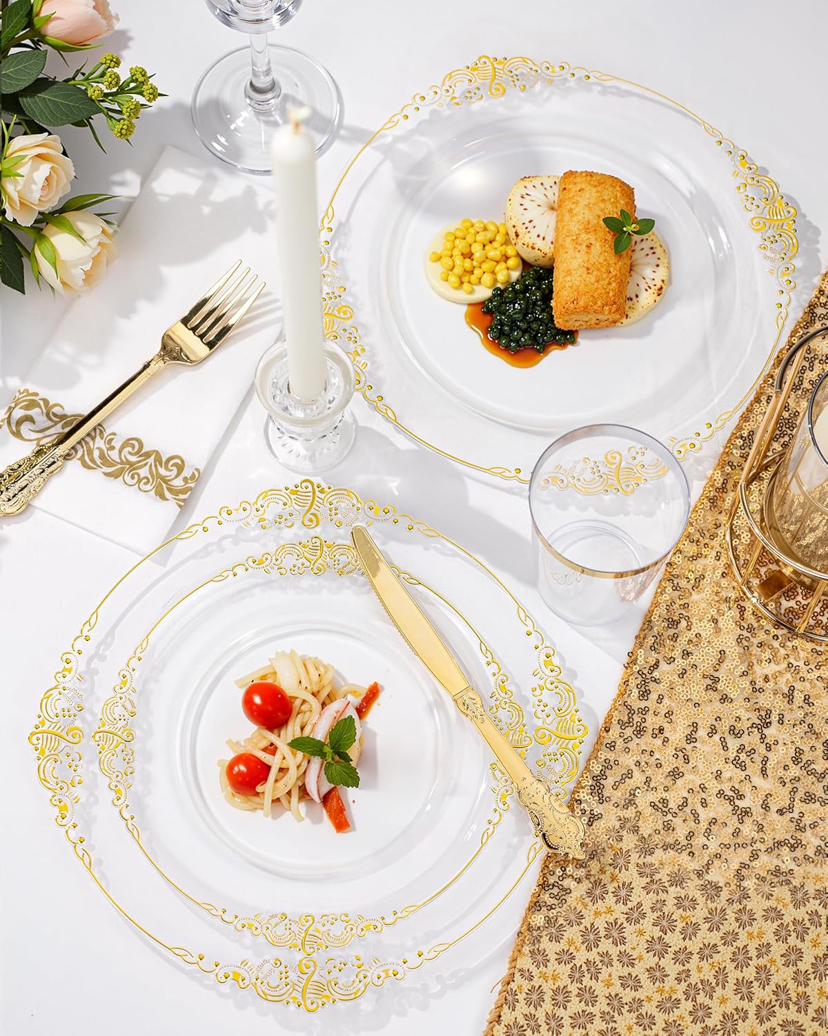 Nervure 175PCS Clear Gold Plastic Plates Set for 25 Guests