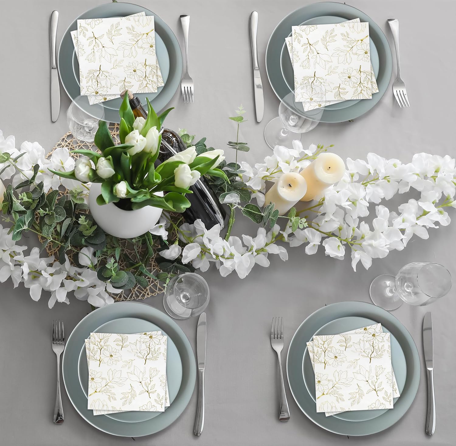 Gift Boutique Floral Napkins Gold White Disposable 10x10 Inches