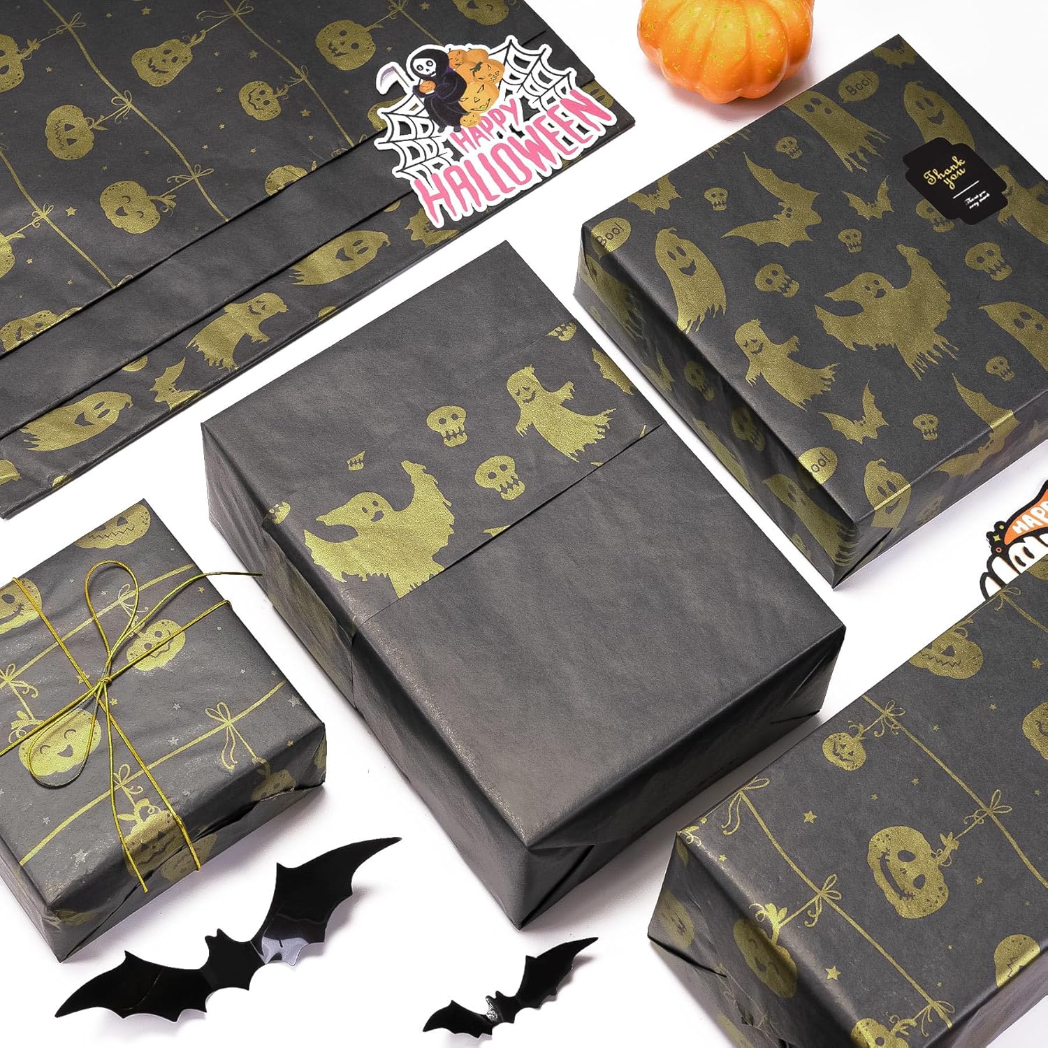 Larcenciel Halloween Tissue Paper 60 Sheets Metallic Ghost Pumpkin Gift Wrap